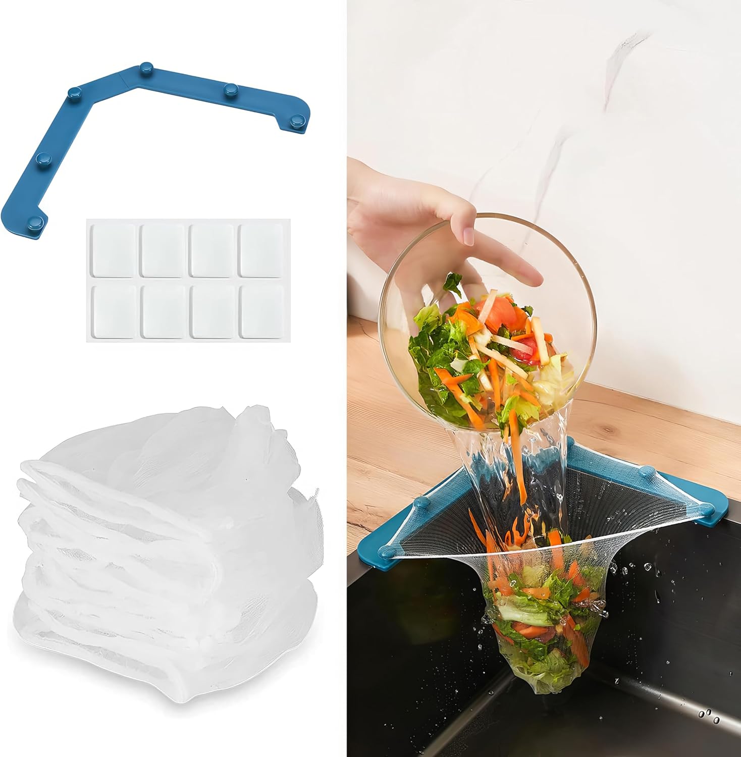 Triangle Kitchen Sink Strainer Set: Corner Sink Food Catcher with 100 Mesh Bags - Tri-Holder Filter for Garbage Storage, Kitchen Sink Filter Basket & Rack