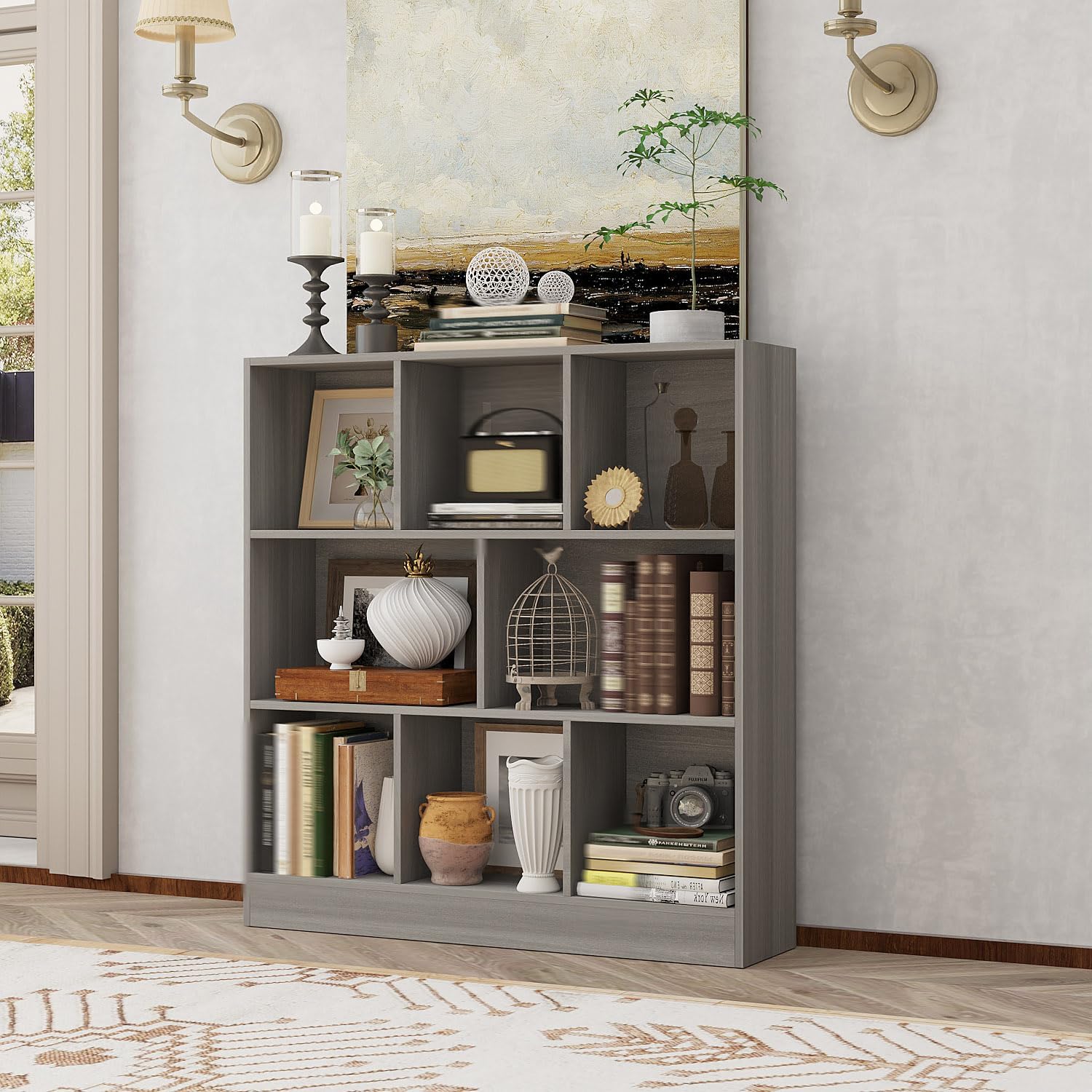 Timechee Book Shelf, 3 Tier Small Kids Bookshelf for Small Spaces, Cube Shelving Bookcase with 8 Storage Shelves for Living Room, Kids Bedroom, Bathroom, Grey(9.4" D x 39.4" W x 40.9" H)