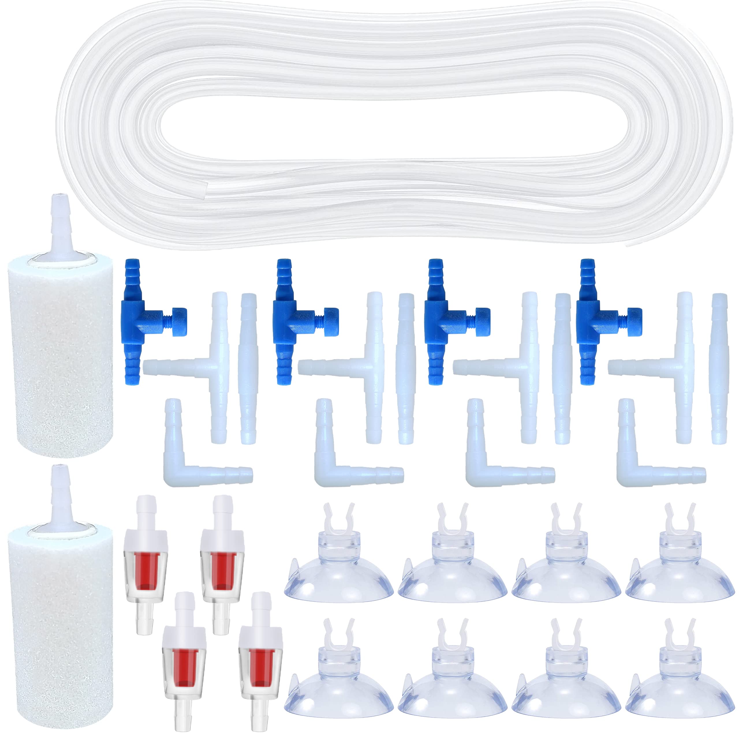 Aquarium 26 Feet Airline tubing 2 Barb air Stones for Aquariums 4 Barb Check Value for Fish Tank 8 Suction Cups 4 Barb air Controller and 12 in Total for I,L,T Shape Barb Connectors