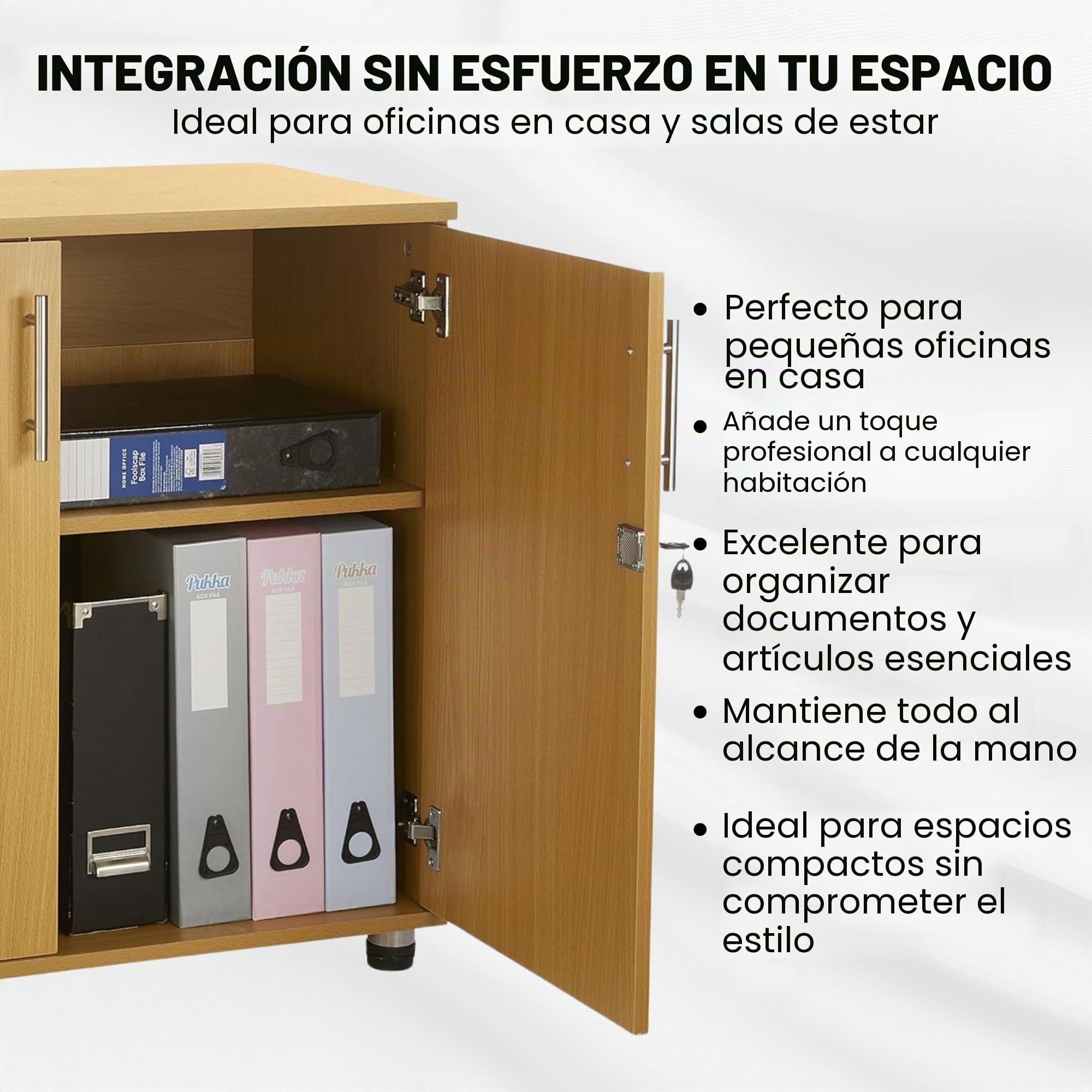 Armario de almacenamiento de oficina de haya, altura de escritorio, estantería de 2 puertas con cerradura, altura de extensión de escritorio de 75 cm
