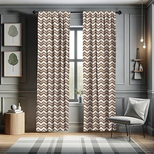 Miniatura 5 de Ambesonne Tan Window Curtains, Classic and Chevron Zigzag Pattern Waves Geometric Retro Style Tiling, Lightweight Decor 2-Panel Set with Rod Pocket,