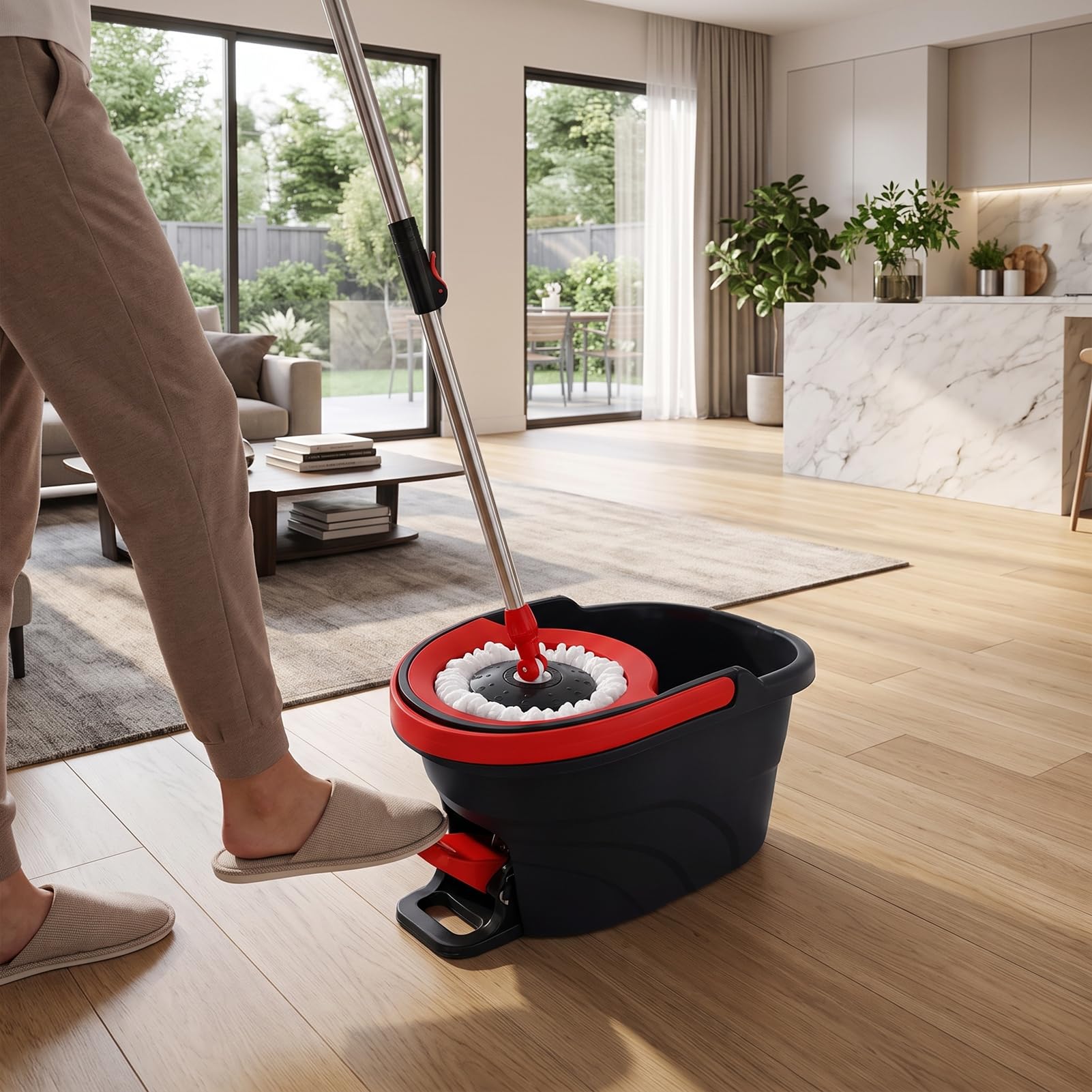 AUNMAS Juego de Cubo y Fregona Giratoria con Pedal de Deshidratación Automática, Cabezal Giratorio 360