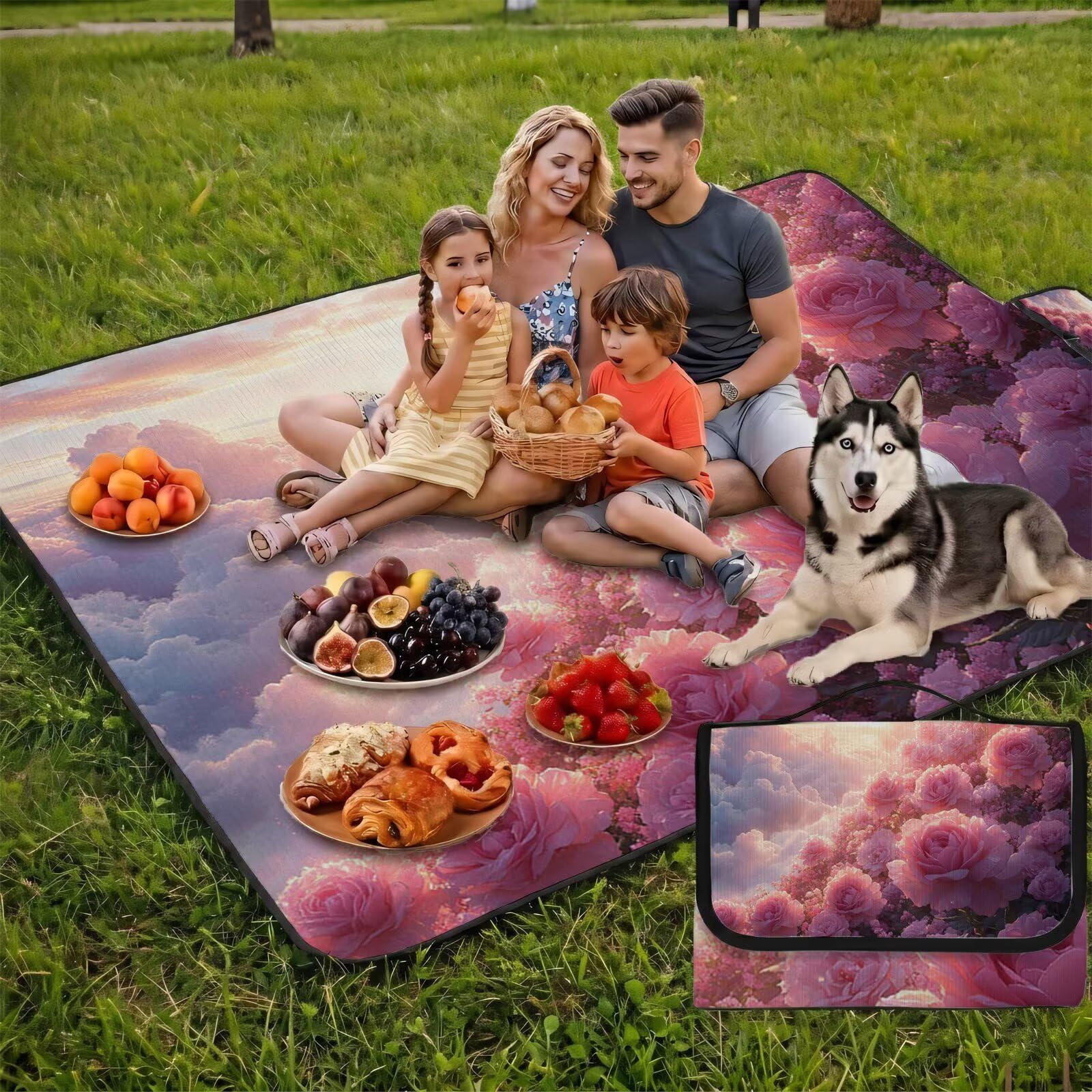 Couverture Pique Nique Grande 200x300cm,Outdoor Couverture Imperméable,Pliable Tapis de Plage Dos en PVC Anti-Sable,Picnic Blanket pour Camping Accessoires,Jardin,Parc - Nuages,Fleurs (3) FZ-158