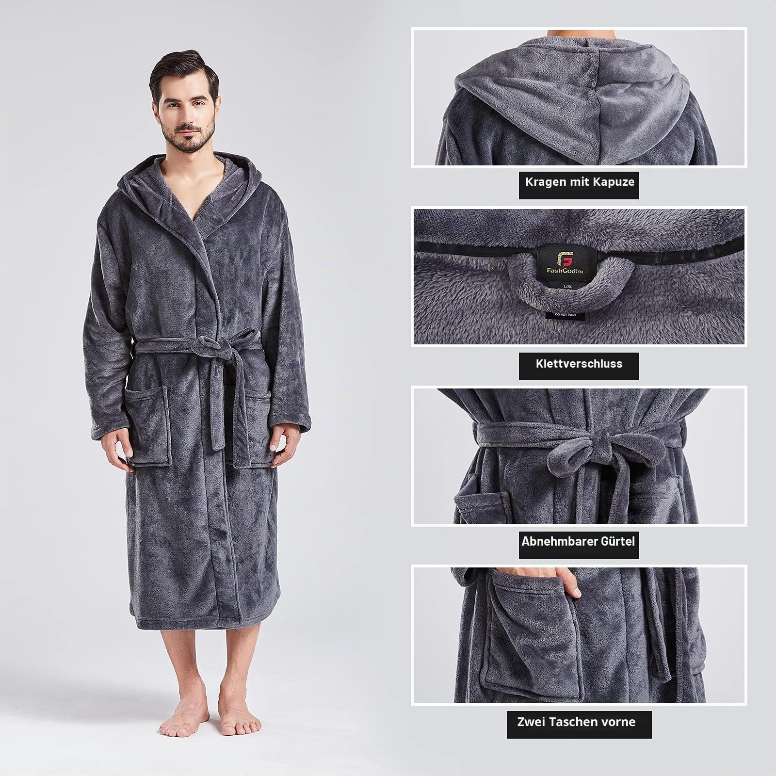 FashGudim Mens Hooded Robe Plush Shawl Collar Kimono Bathrobe Soft Warm Flannel Fleece Spa Robes House Coat Pajamas