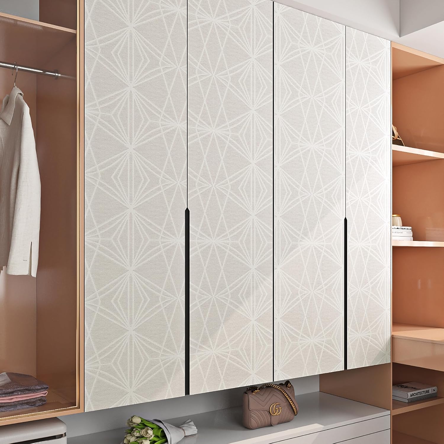 ReWallpaper Neutral Peel and Stick Wallpaper Beige Cream White Geometric Removable Decorative Contact Paper for Walls Cabinets 17.5in×10ft Self Adhesive Wall Paper for Bathroom Bedroom Living Room