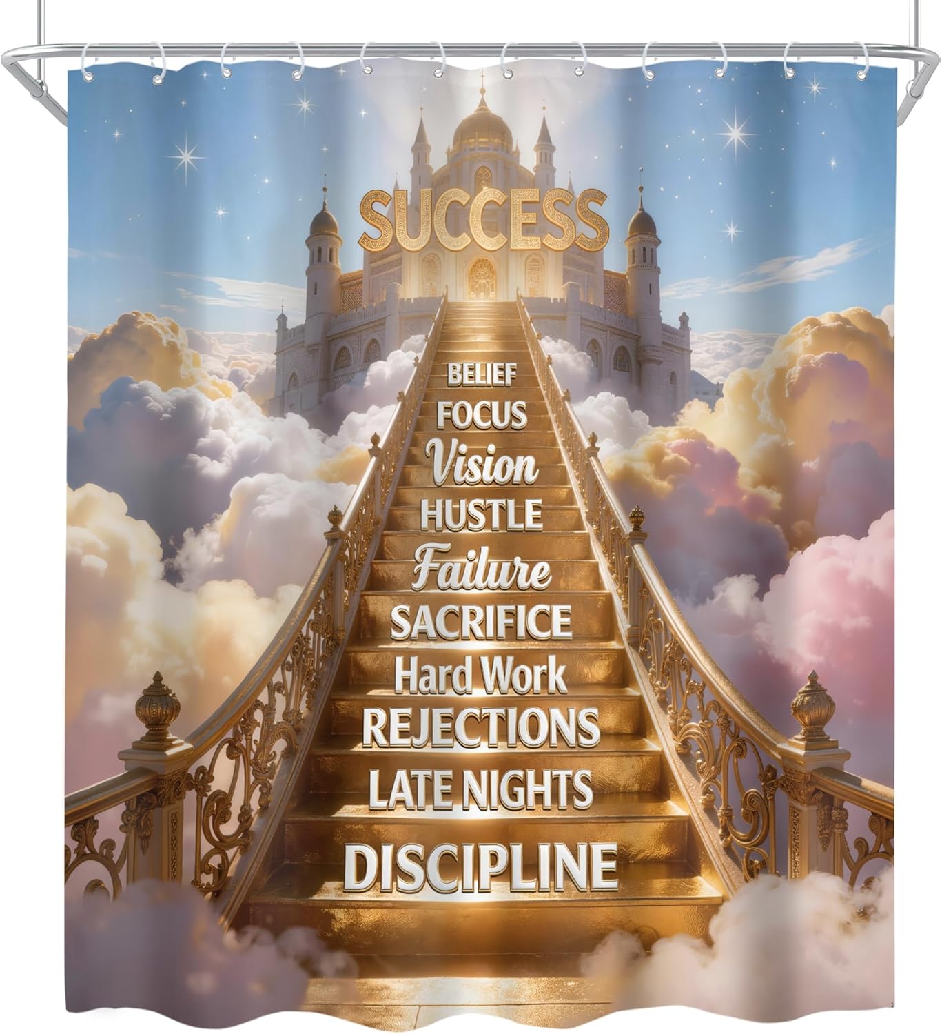 Cinbloo 4Pcs Inspirational Positive Quotes Shower Curtain Set,Castle Golden Stairs Clouds Sky Success Bathroom Curtain with Rug, Toilet Lid Cover, Bath Mat,Motivational Shower Curtain with 12 Hooks