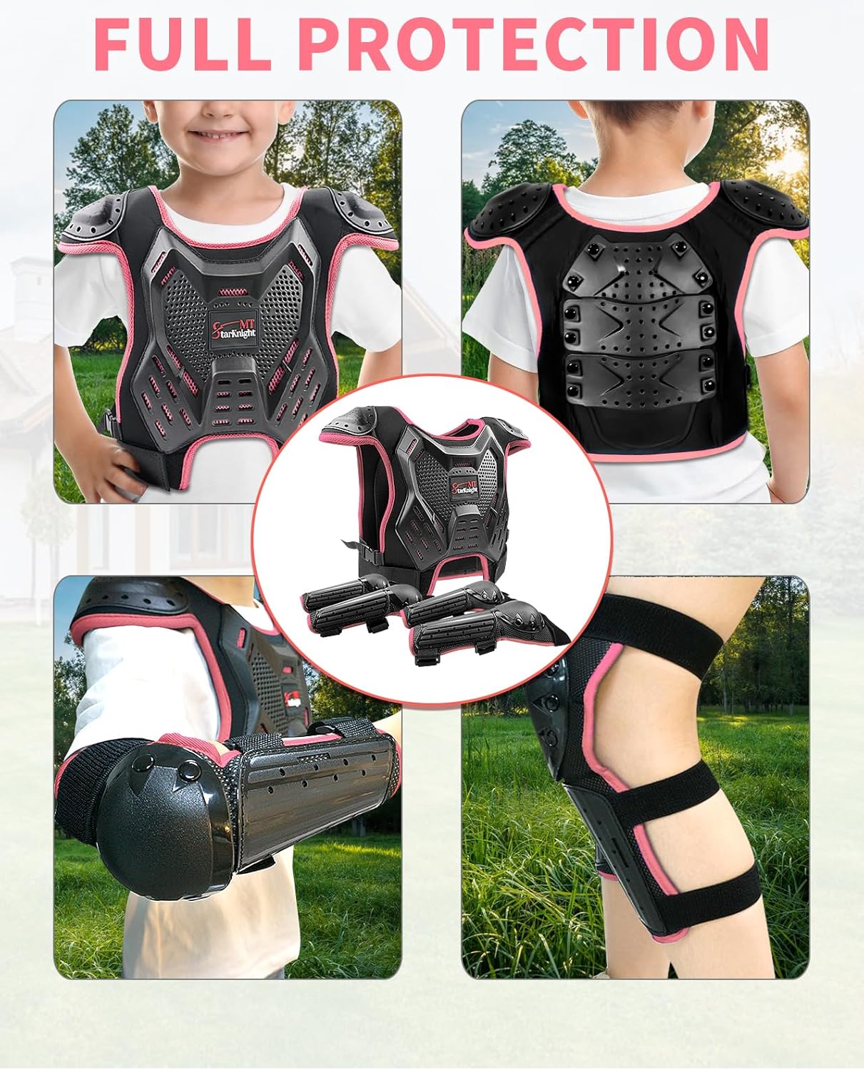 StarknightMT Kids Dirt Bike Gear 2 Sets Black Pinkish, Youth Motorcycle Riding Protective Gear Motocross Armor Suit Chest Protector for Boys Girls Mountain Biking Cycling