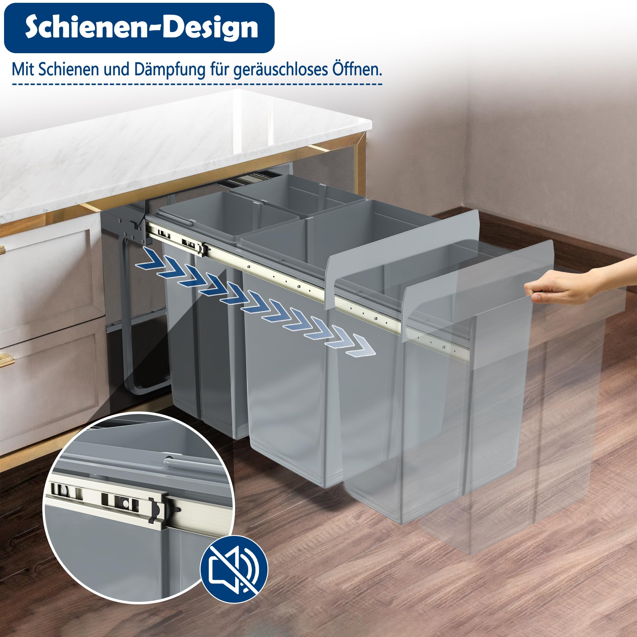 YRHome Einbau Mülltrennungs-System Abfallsortierer 3 Herausnehmbare Abfallsammler Tandemusziehbarer mit Teleskopschienen für Küche Grau 48x34x42cm 2x10L+1x20L