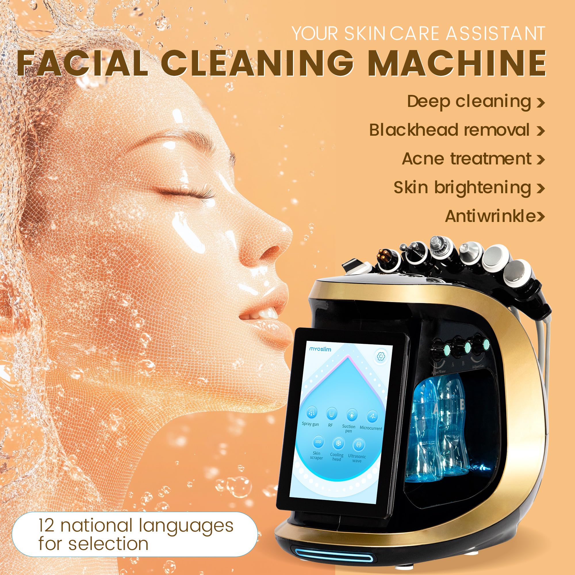Dispositivo profesional 7 en 1 para la limpieza facial, herramienta de belleza hidratante y regeneradora de la piel, limpia profundamente, hidrata y reafirma la piel del rostro, color negro y dorado.