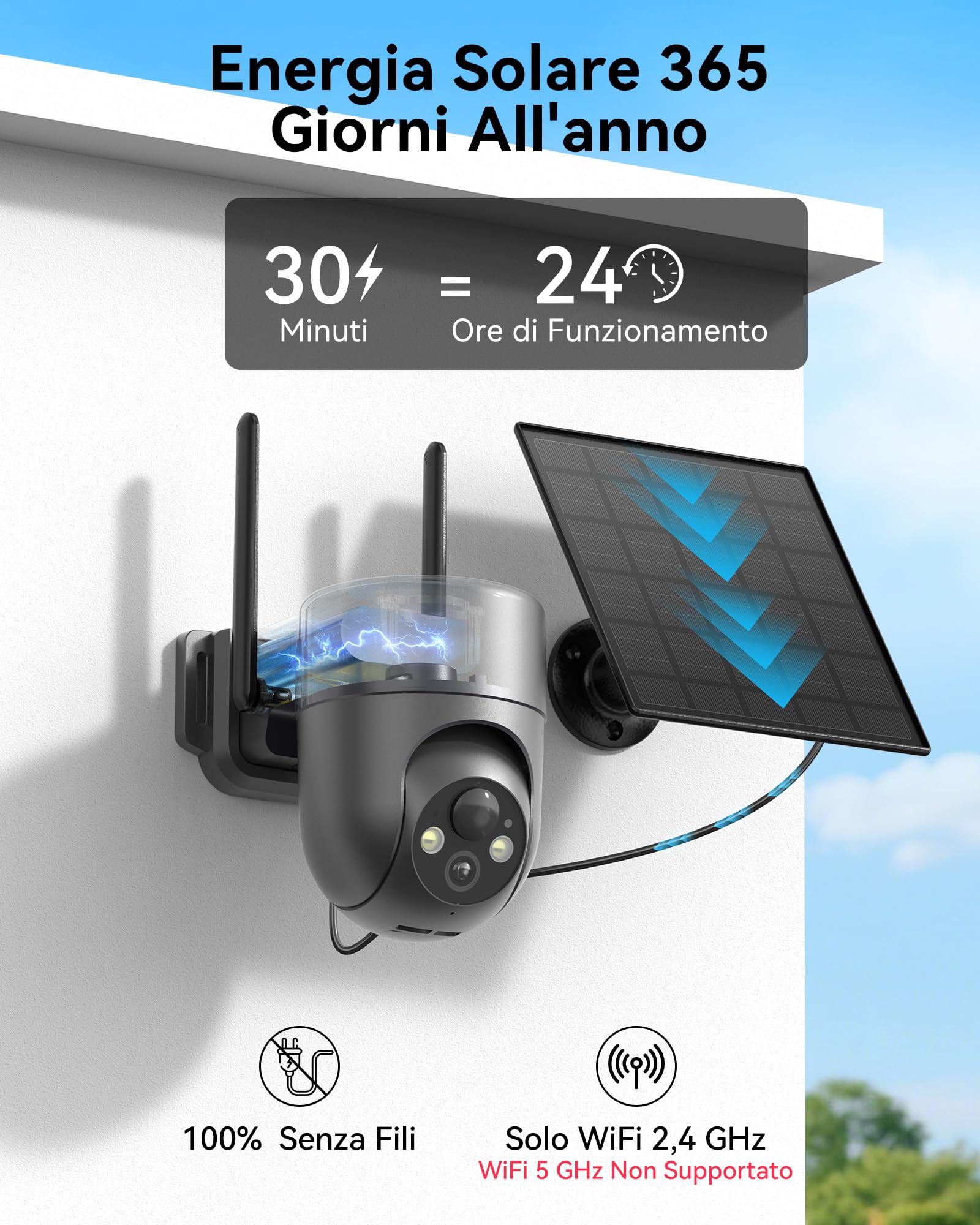 2K Telecamera Wi-Fi Esterno Senza Fili a Batteria, 360° PTZ
