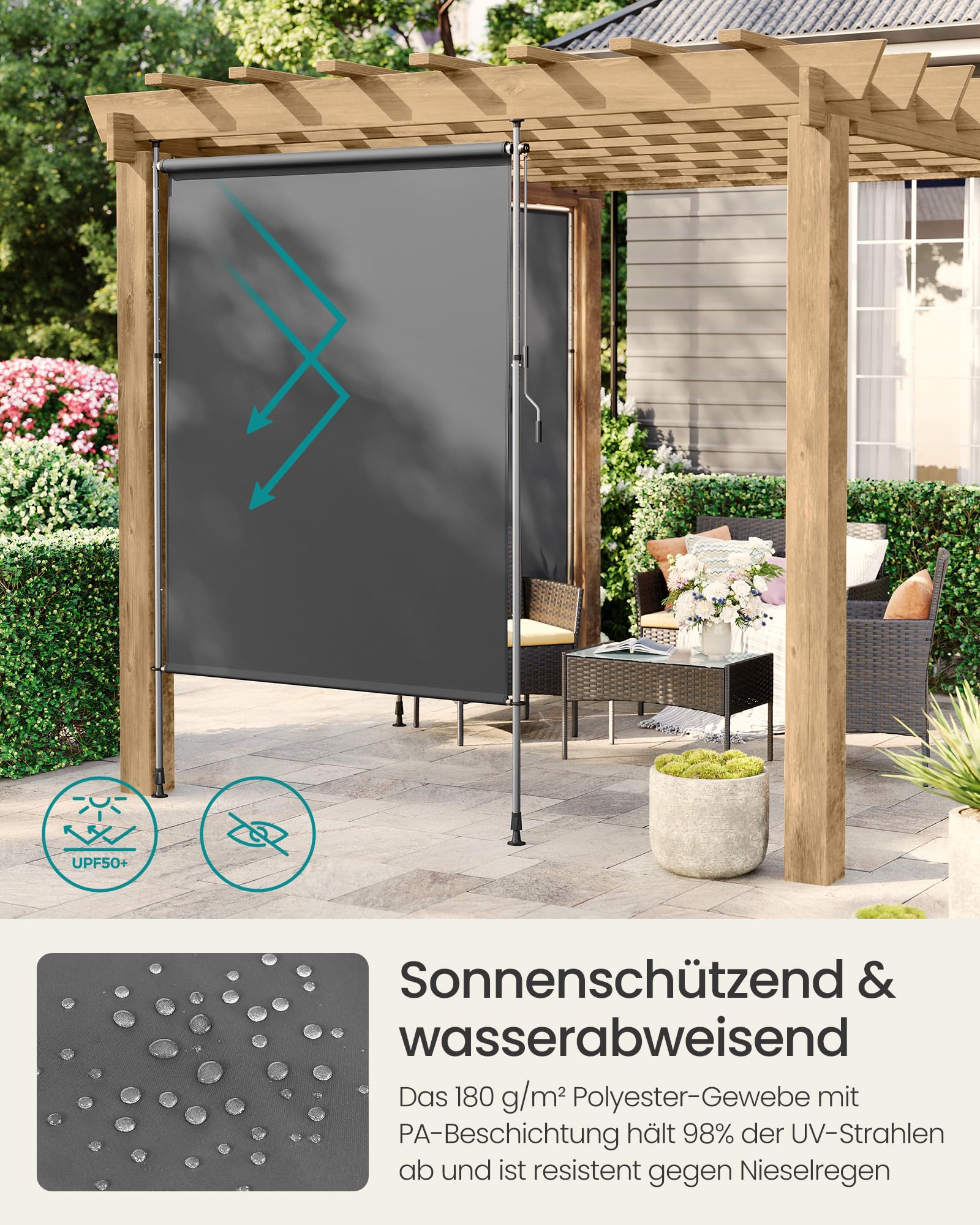 SONGMICS Senkrechtmarkise, höhenverstellbar, 200 x (220-300) cm, kein Bohren erforderlich, Vertikalmarkise für Terrasse, Balkon mit Markisenkasten, UPF 50+, Sichtschutz, anthrazitgrau GSA0020G01