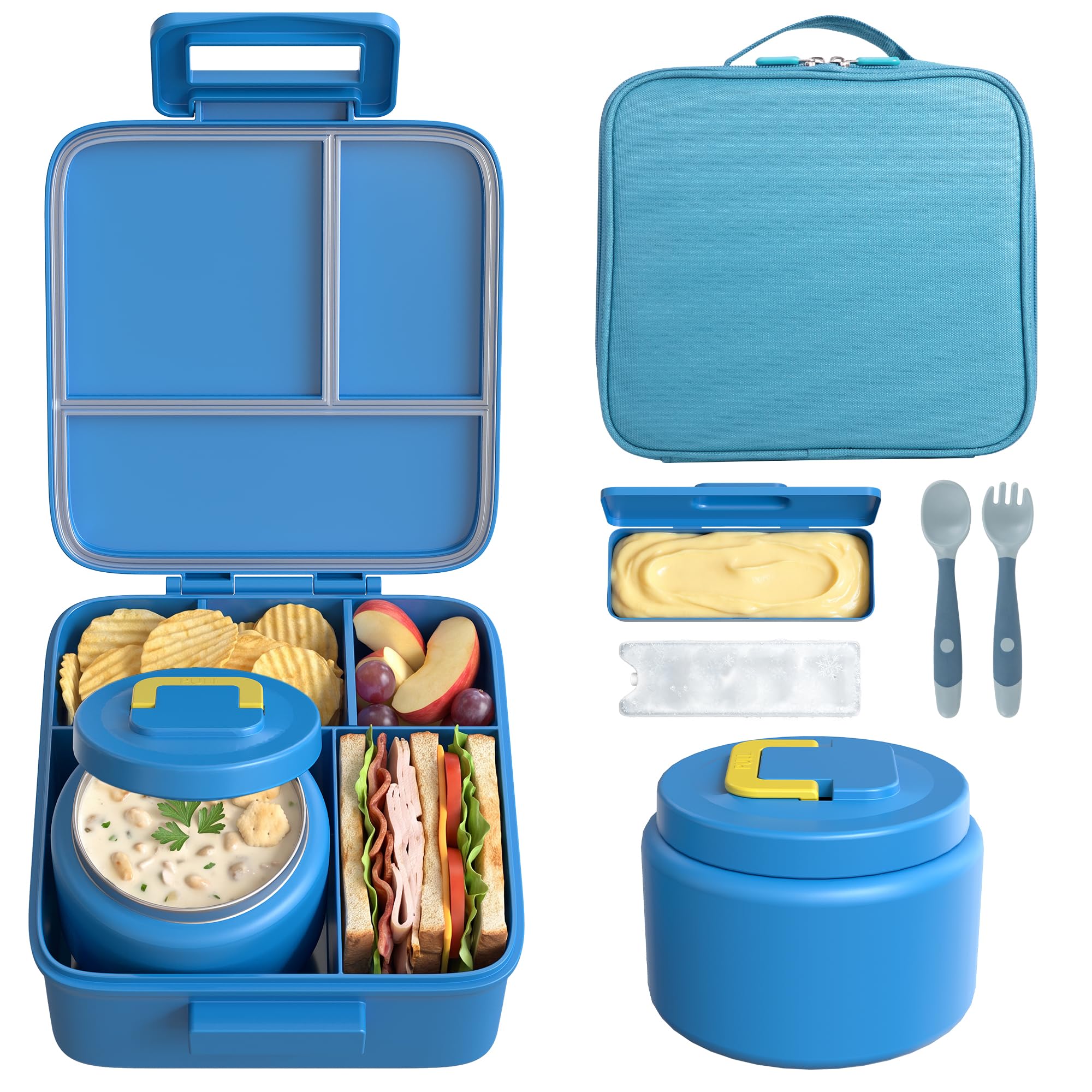 MAISON HUIS Bento-Lunchbox mit 237 ml Suppen-Thermo, 5 Fächern, auslaufsicherer Behälter, Thermobehälter für heiße Speisen und isolierte Lunchtasche, BPA-frei, für Reisen, Schule (blau)