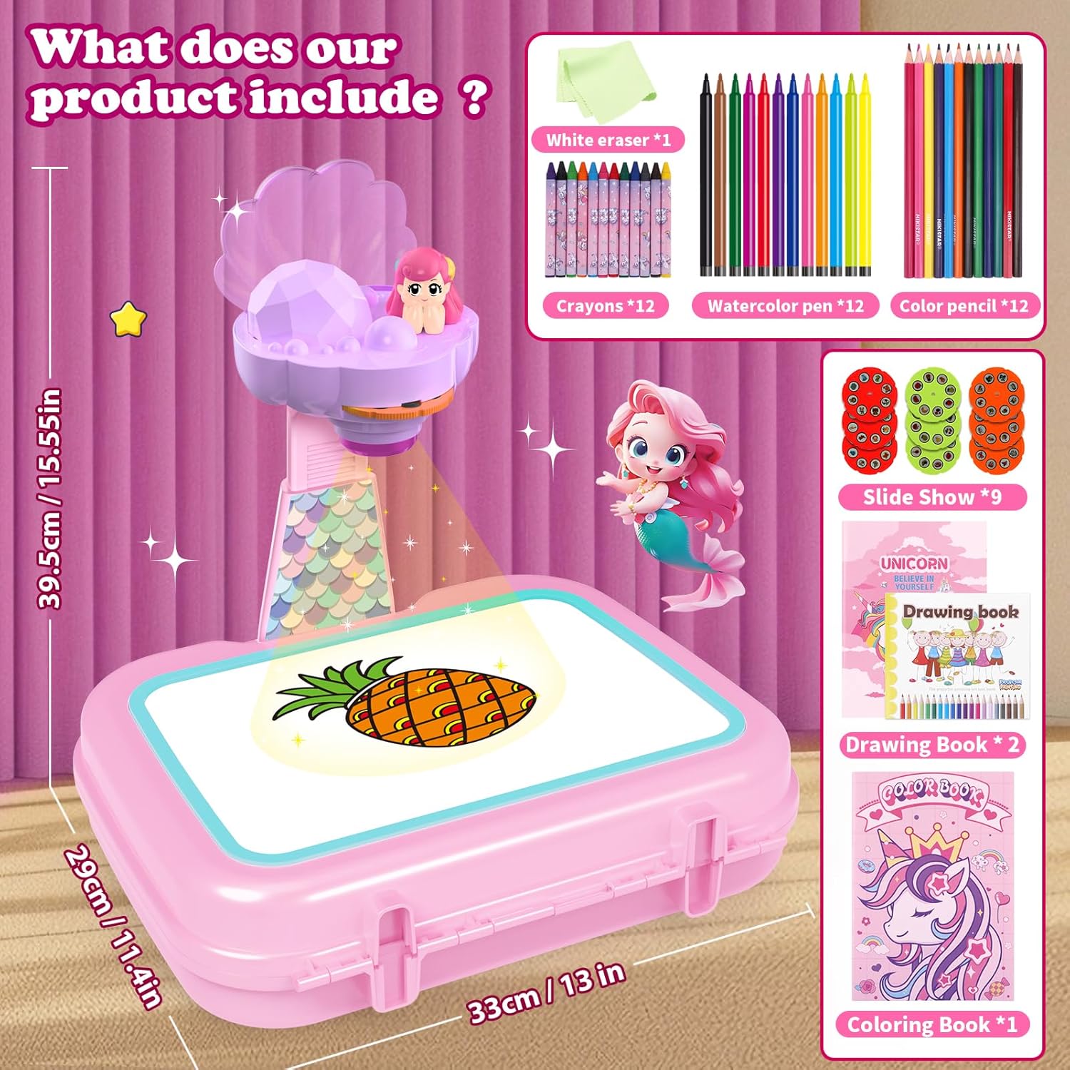 Hoarosall Drawing Projector for Kids, Arts and Crafts,Drawing Board Tracing Pad, Color Pens, Pencils, Crayons, Scrapbook, Ideal Toy for 3+ Year Old Girls (Mermaid Kit with Box)