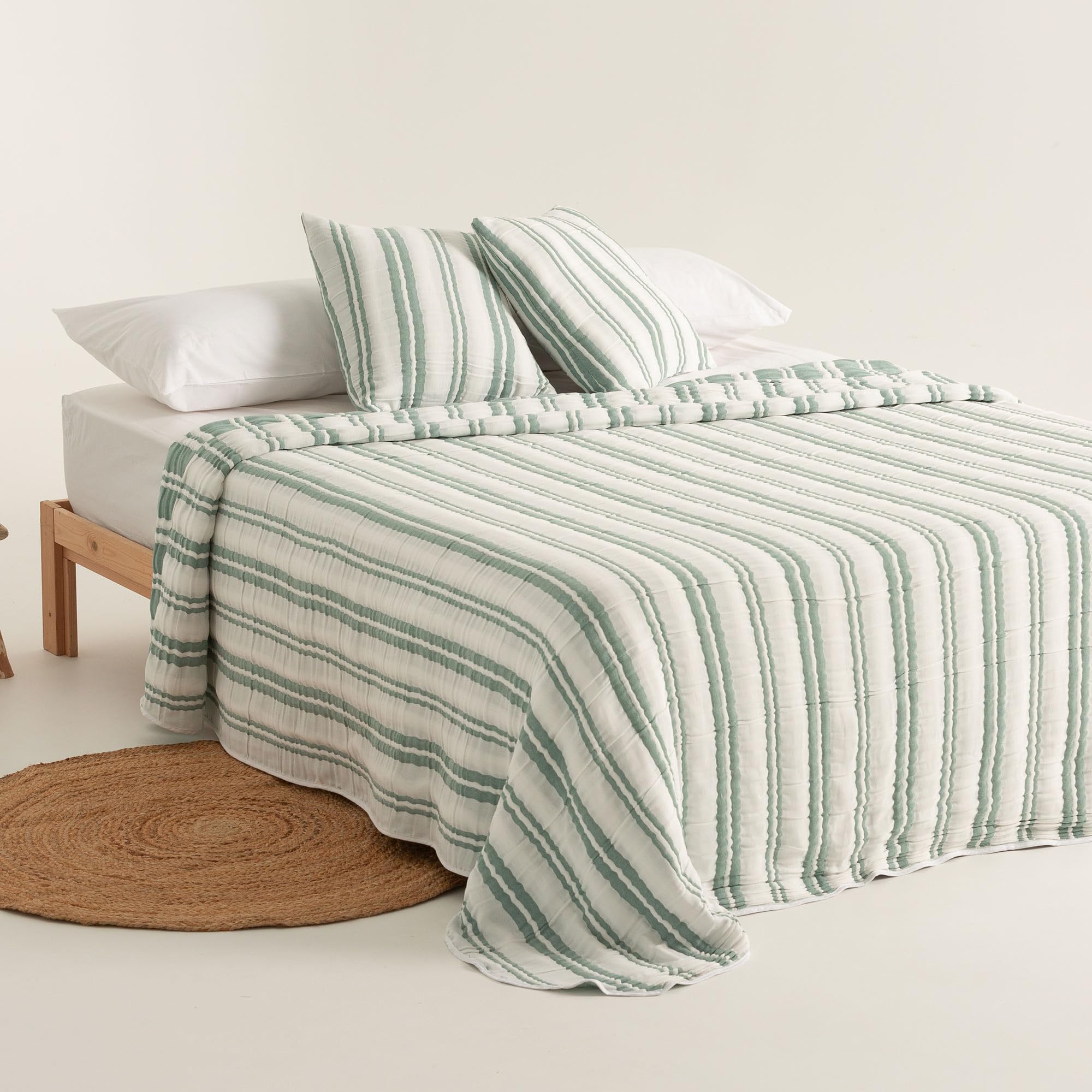 GAMUSI Colcha Cama 150 cm Rayas Moderna Ligera Primavera Verano algodón, 250x270 cm, Color Verde