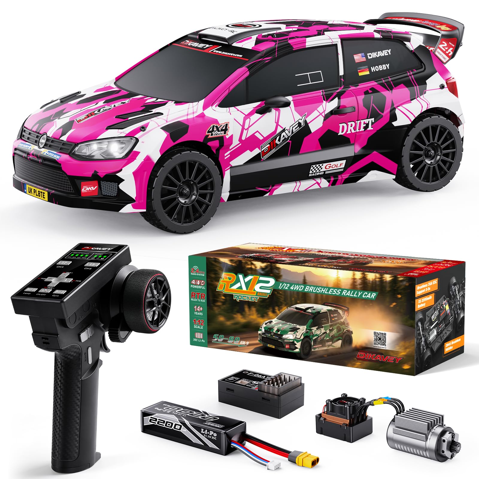 DIKAVEY 1/12 Fast RC Cars for Adults, Max 50 MPH Brushless RC Drift Car with Gyro, 4WD RTR High Speed RC Rally Cars, with 3S 2200 mAh Drifting RC Remote Control Car for Adult