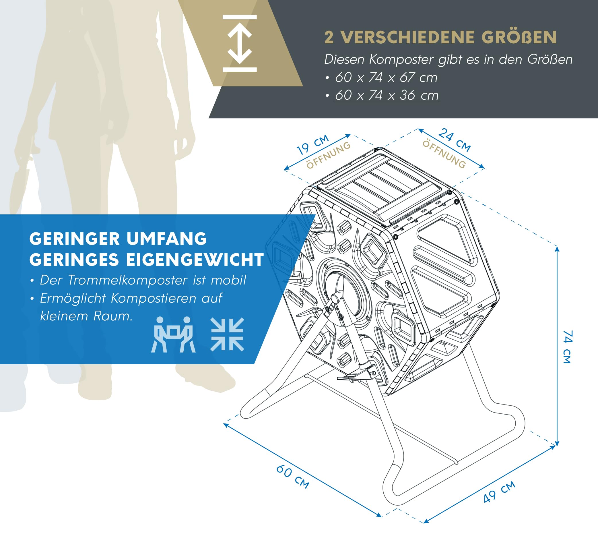 Westmann Kunststoff Trommelkomposter Humus | 60 L rotierender Komposter | Mobiler Kompostierer für Gartenabfälle | 360° drehbar | Rückenschonend & platzsparend | Grün | 60x74x36 cm