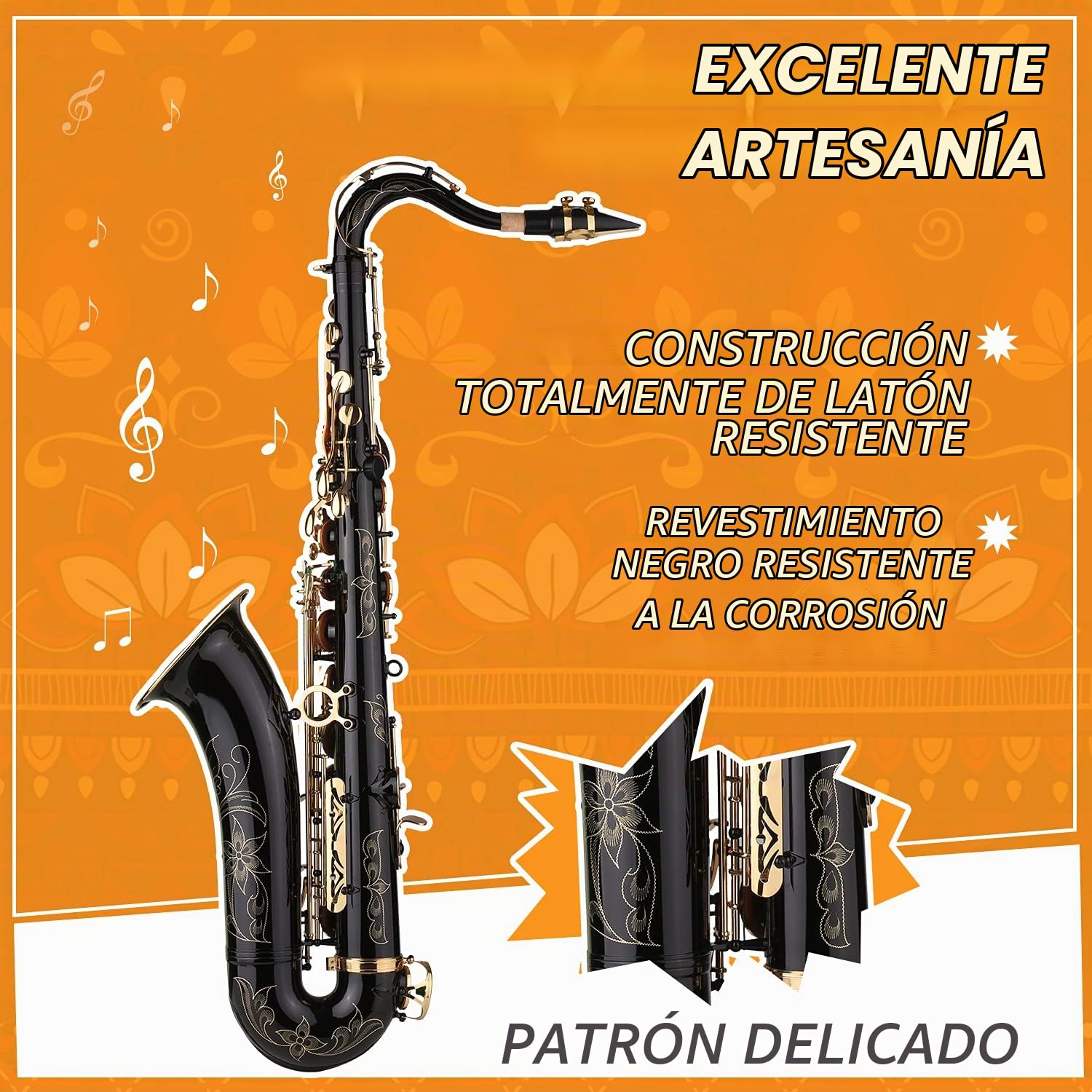 Saxofón Tenor en si Bemol Saxofón Lacado en Negro en si Bemol con Estuche para Instrumentos Boquilla Correa para el Cuello Paño de Limpieza Cepillo para músicos Principiantes