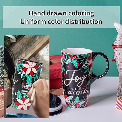 Miniatura 7 de Topadorn Taza de cerámica de porcelana con latte de té, taza de café con caja de regalo, 17 onzas. Taza de viaje con tapa, Noel de Navidad