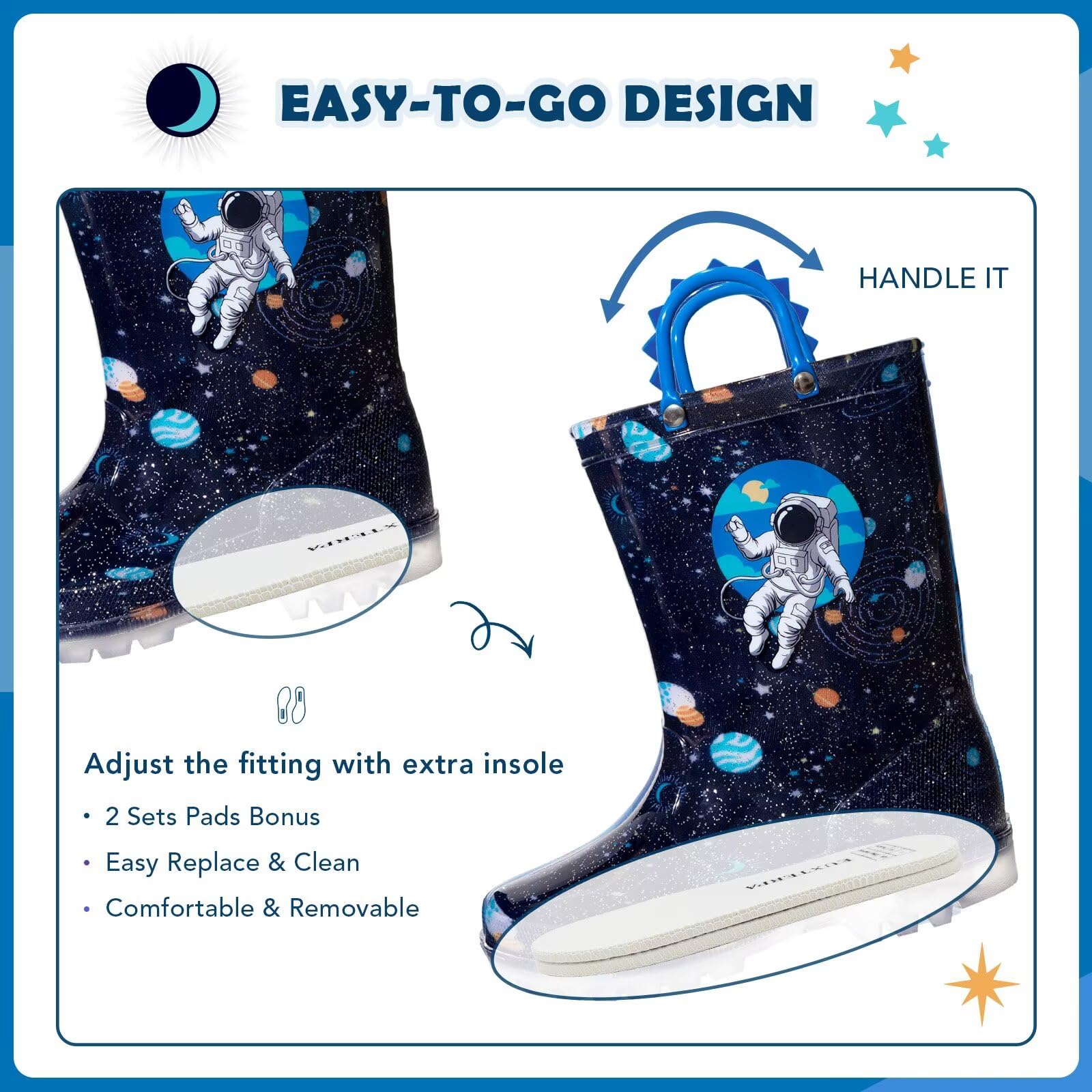 EUXTERPA Kids Toddler Light Up Rain Boots Boys Girls Waterproof Patterns and Glitter Boots with Easy On Handles — view 4