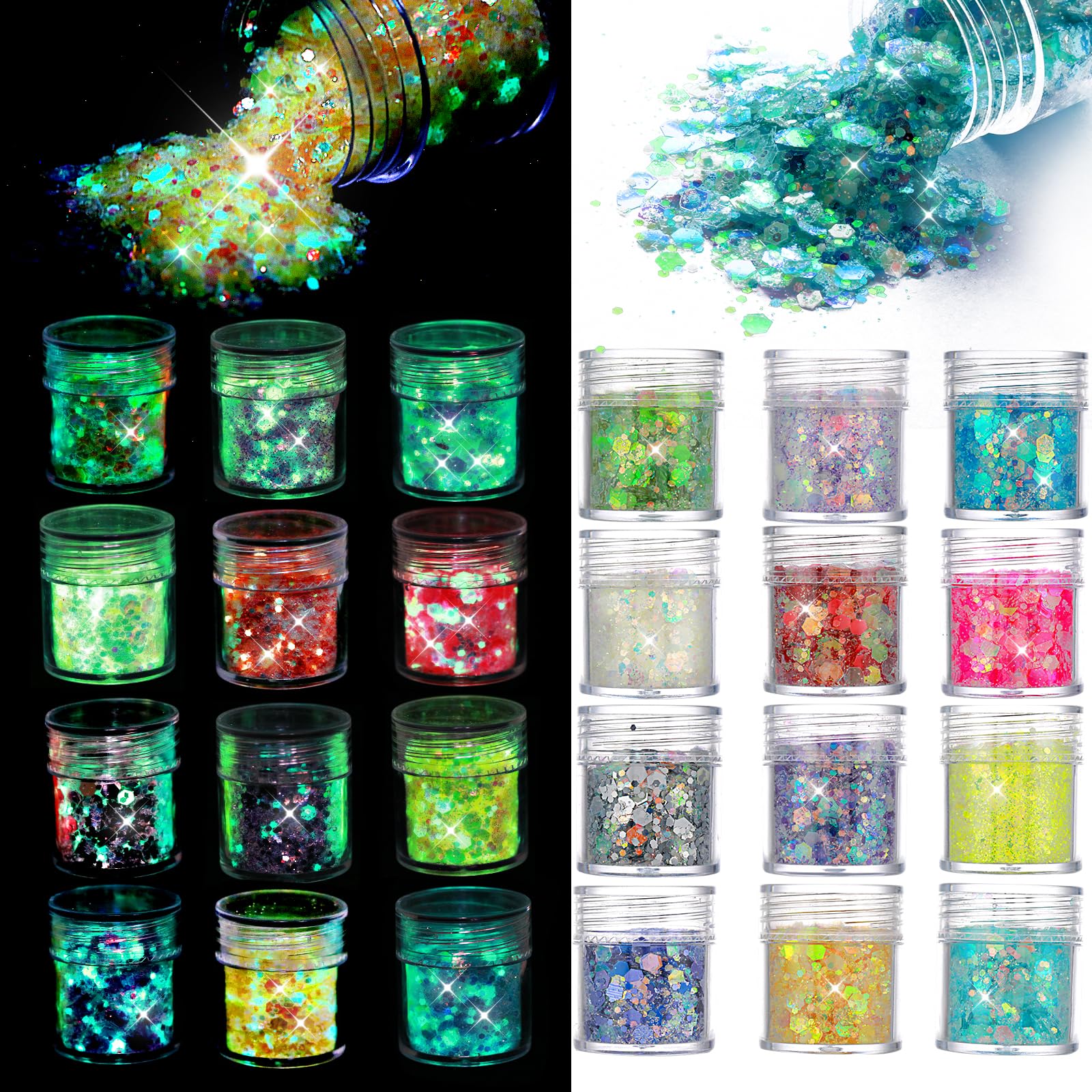 simarro Fluorescencyjne cekiny brokatowe, 12 kolorów, hex Face Body Glitter zestaw do paznokci, włosów, ciała, brokatu, na Halloween, do makijażu, oczu, ust, ciała, rękodzieła, 554117_1_MXD1TRBYQ