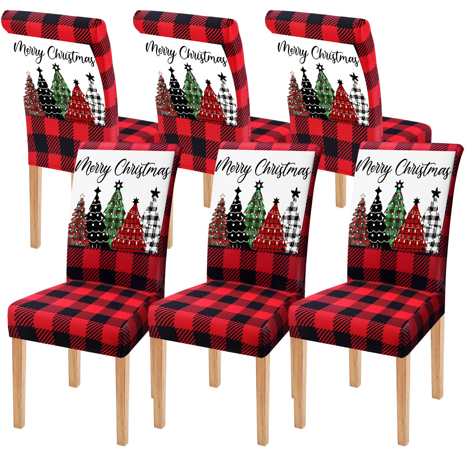 Moukeren 6 Pcs Christmas Dining Chair Covers Buffalo Plaid Trees Chair Covers Stretch Removable Washable Chair Slipcover for Christmas Holiday Party Dining Room Kitchen Home Decor(Red and Black)