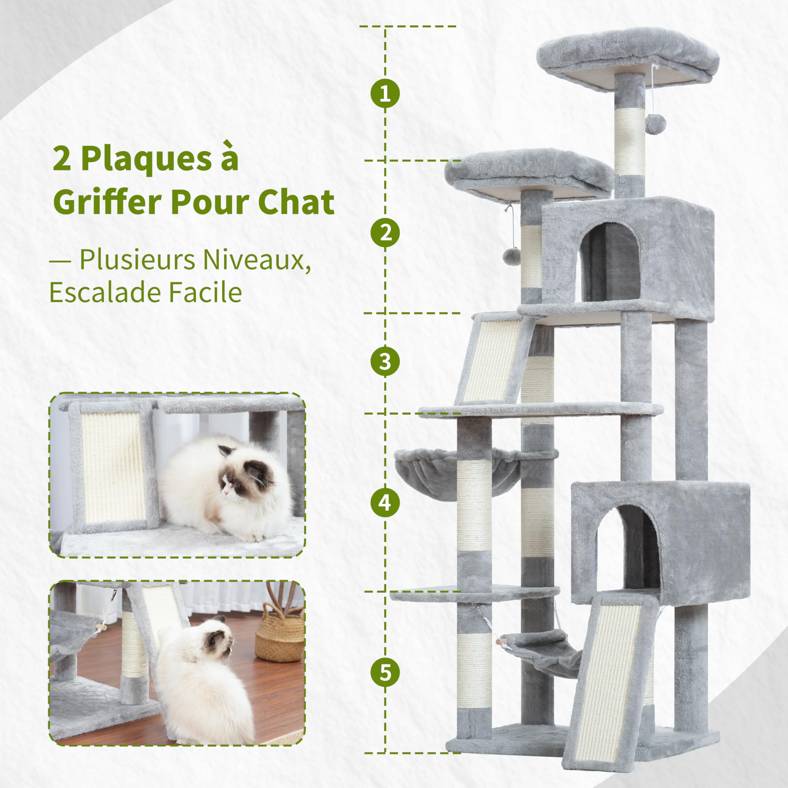 Gitelsnour Arbre à Chat, Tour de Jeux pour Chats de 180cm, Tour à Chat Interieur avec 2 griffoirs, 7 poteaux à griffer, 2 perchoirs, 2 Lits pour Chat en Peluche, hamac, Gris Clair GCT032W