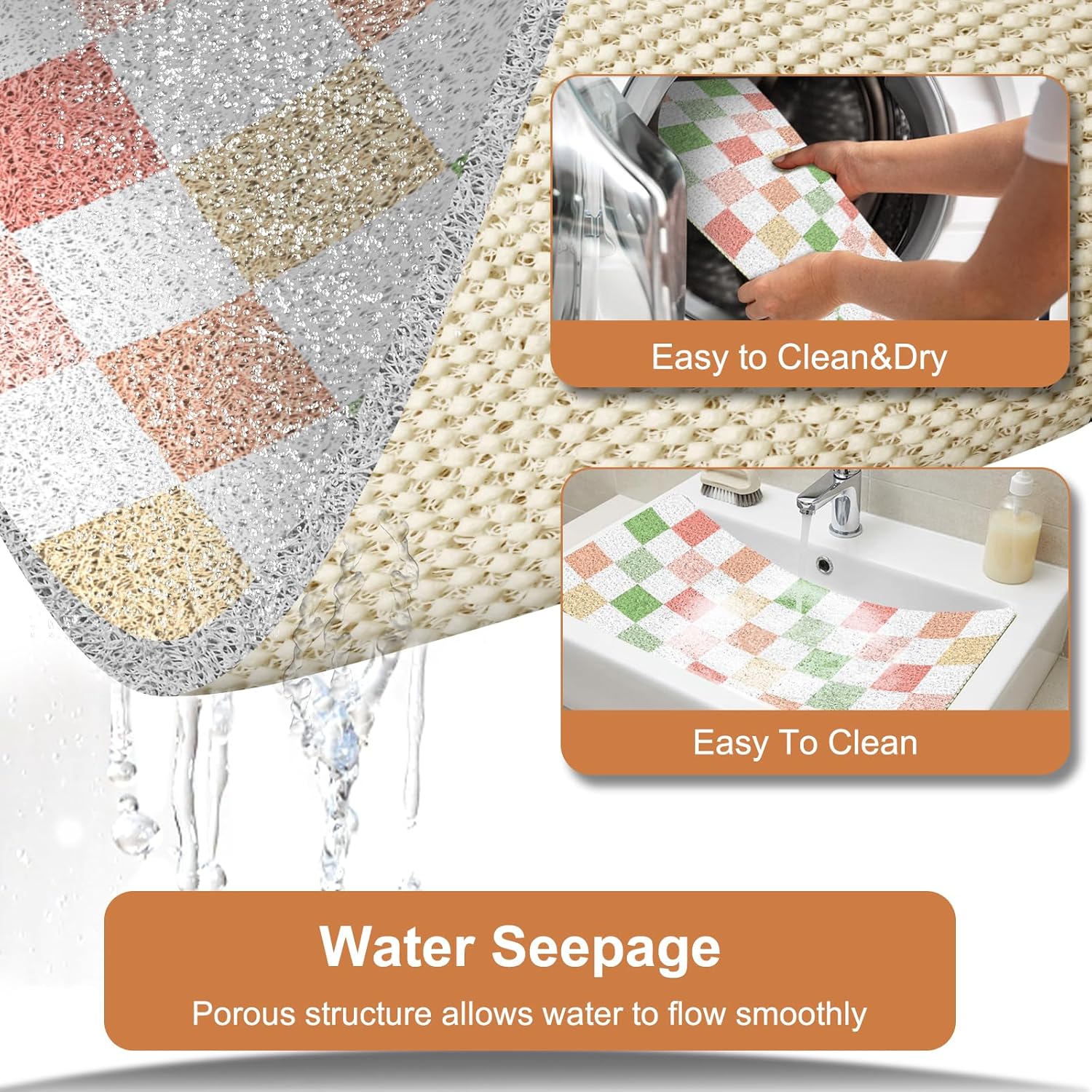 Extra Large Shower Mat 32"x24", Fast Drying Foot Scrubber Mats, Non Slip Bath Mat for Inside Shower, PVC Loofah Bathroom Mats for Wet Areas, Bathroom Floor, Poolside Entryway, Multicoloured Checkered - Image 4