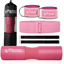 مجموعة وسادات القرفصاء RitFit المكونة من 7 قطع، مع شريط مقاومة، وحزامين أمان، وحزامين للكاحل في صالة الألعاب الرياضية وحقيبة حمل، ووسادة حماية مطورة للرقبة والكتف لدعم القرفصاء والرئتين ودفع الورك (وردي/أسود)
