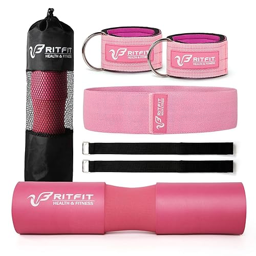 RitFit 7 Pcs Barbell Squat Pad Set, with Resistance Band, 2 Safety Straps, 2 Gym Ankle Straps & Carry Bag, Upgraded Neck & Shoulder Protective Pad Support for Squats, Lunges & Hip Thrust (Pink/Black) - Pink