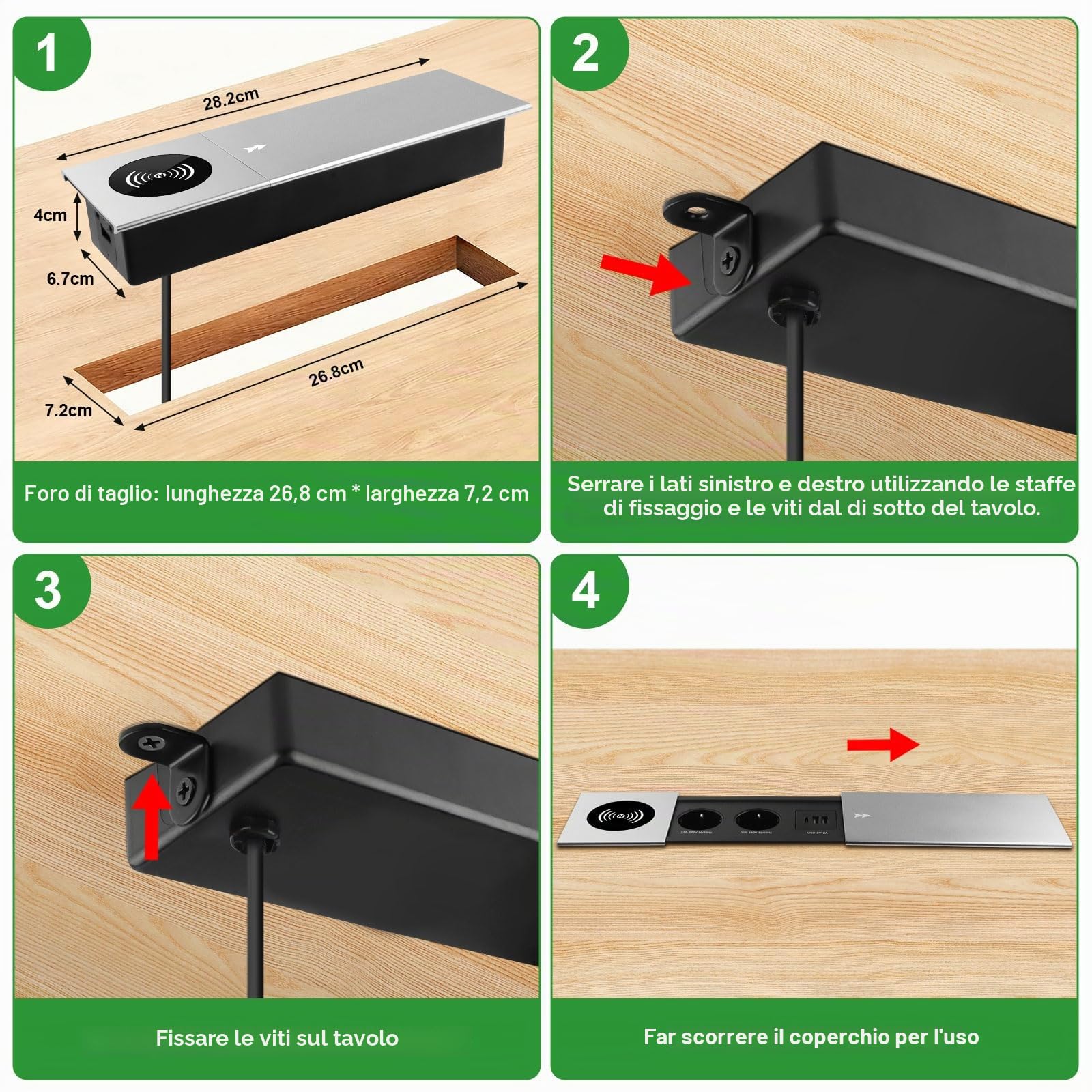 Presa da incasso a scomparsa con coperchio, 2 scomparti, USB C PD, presa da tavolo, presa a scomparsa, per scrivania, cucina, ufficio, tavolo da conferenza, colore argento