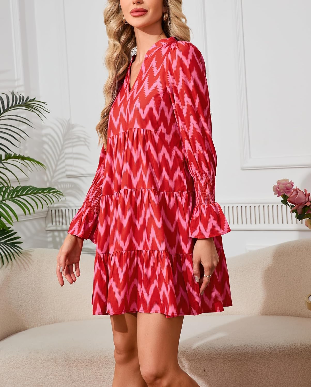 LADYFUL Womens Printed Mini Dress Long Sleeve V Neck Tiered Flowy Swing Summer Vacation Beach Short Tunic Dress - Image 5