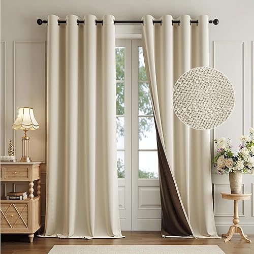 Miniatura 2 de Cortinas de lino 100% opacas de 84 pulgadas de largo, 2 paneles para dormitorio, sala de estar, lino beige, texturizado, para oscurecer la