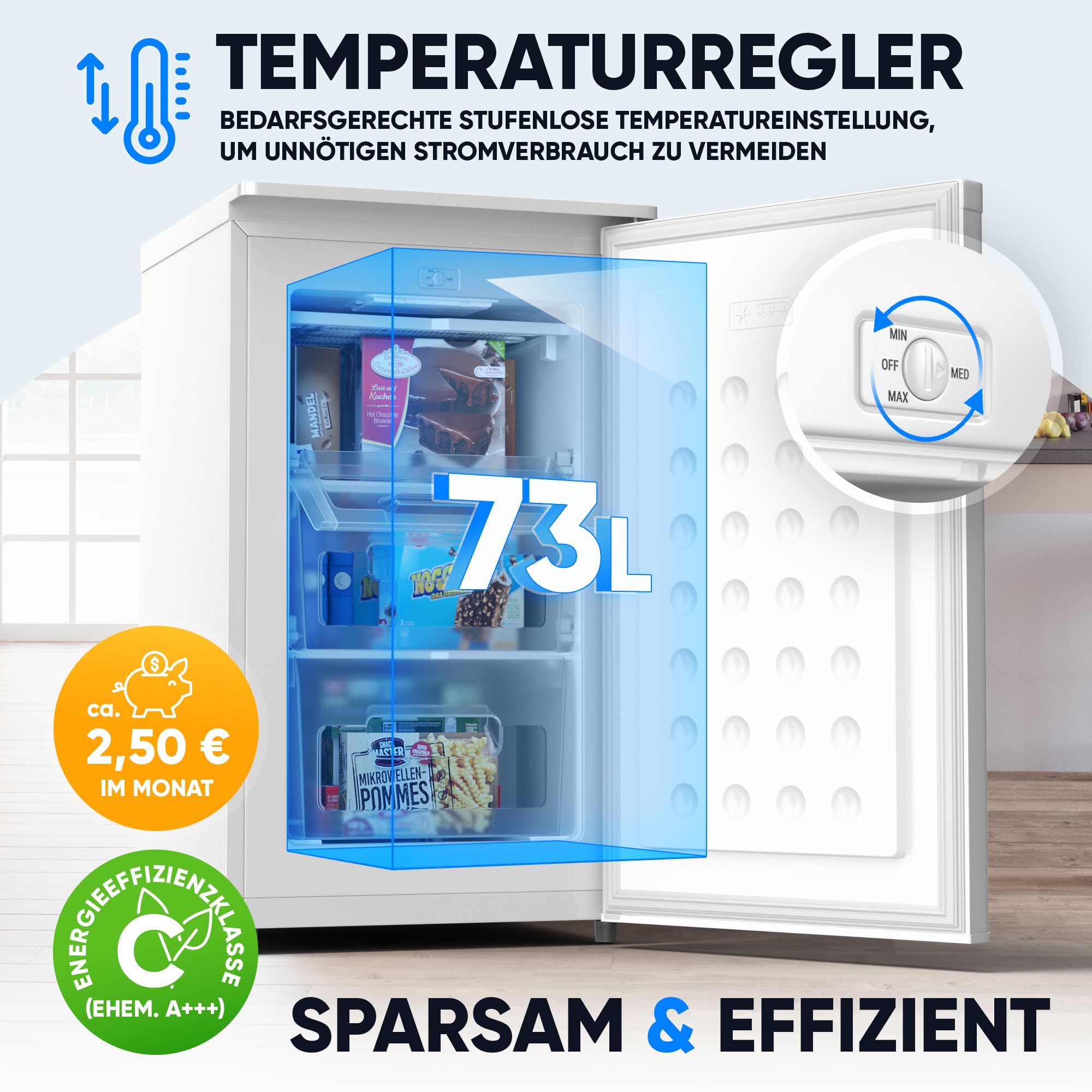 Stillstern Congélateur C (73 L) 4 étoiles -18 °C, faible consommation d'énergie, 3 compartiments, température réglable en continu, butée de porte interchangeable, petit congélateur, congélateur
