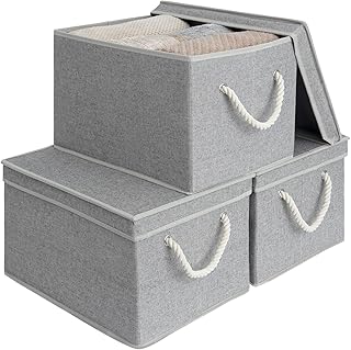 StorageWorks Storage Bins with Lids, Decorative Storage Boxes with Lid and Soft Rope Handles, Foldable Storage Baskets for Closet, Shelves, Stackable, 3-Pack, Gray, Jumbo