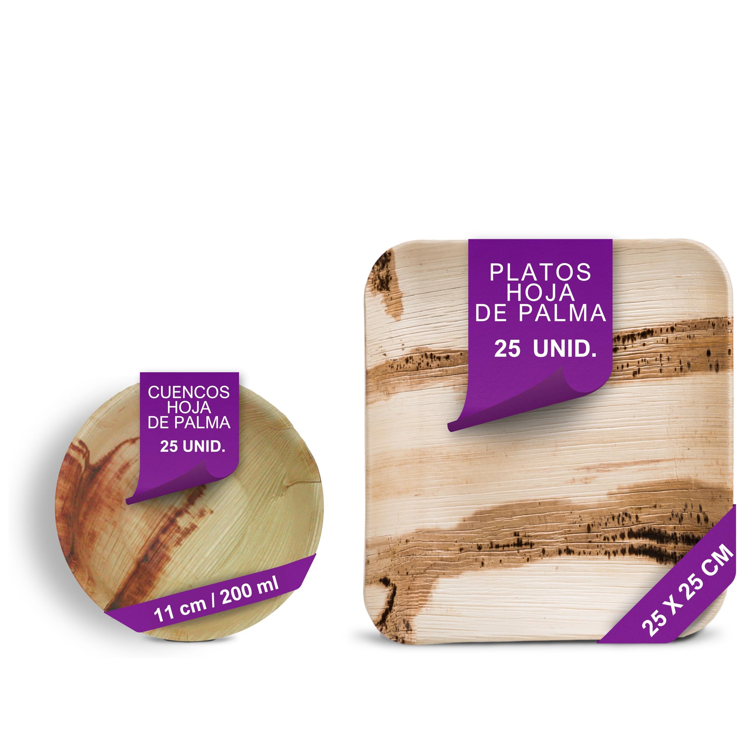 Vajilla Desechable de Hoja de Palma Orgánicos - 25 pz. Cunecos Ø 11 cm/ 200 ml y 25 Platos Cuadrados 25x25 cm