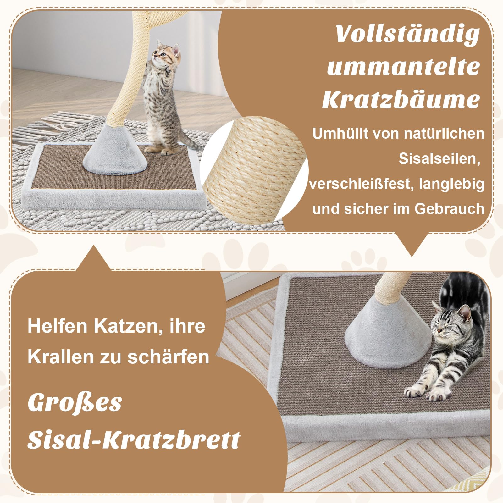 Krabton: COSTWAY Krabpaal Van Hout, 148 Cm, Kattenboom Met Kattenmand Sisal Krabpalen Kussens Mand Tapijt Touw En Platforms Modern Grote Kattenkrabpaal Voor Katten Naturel Wit