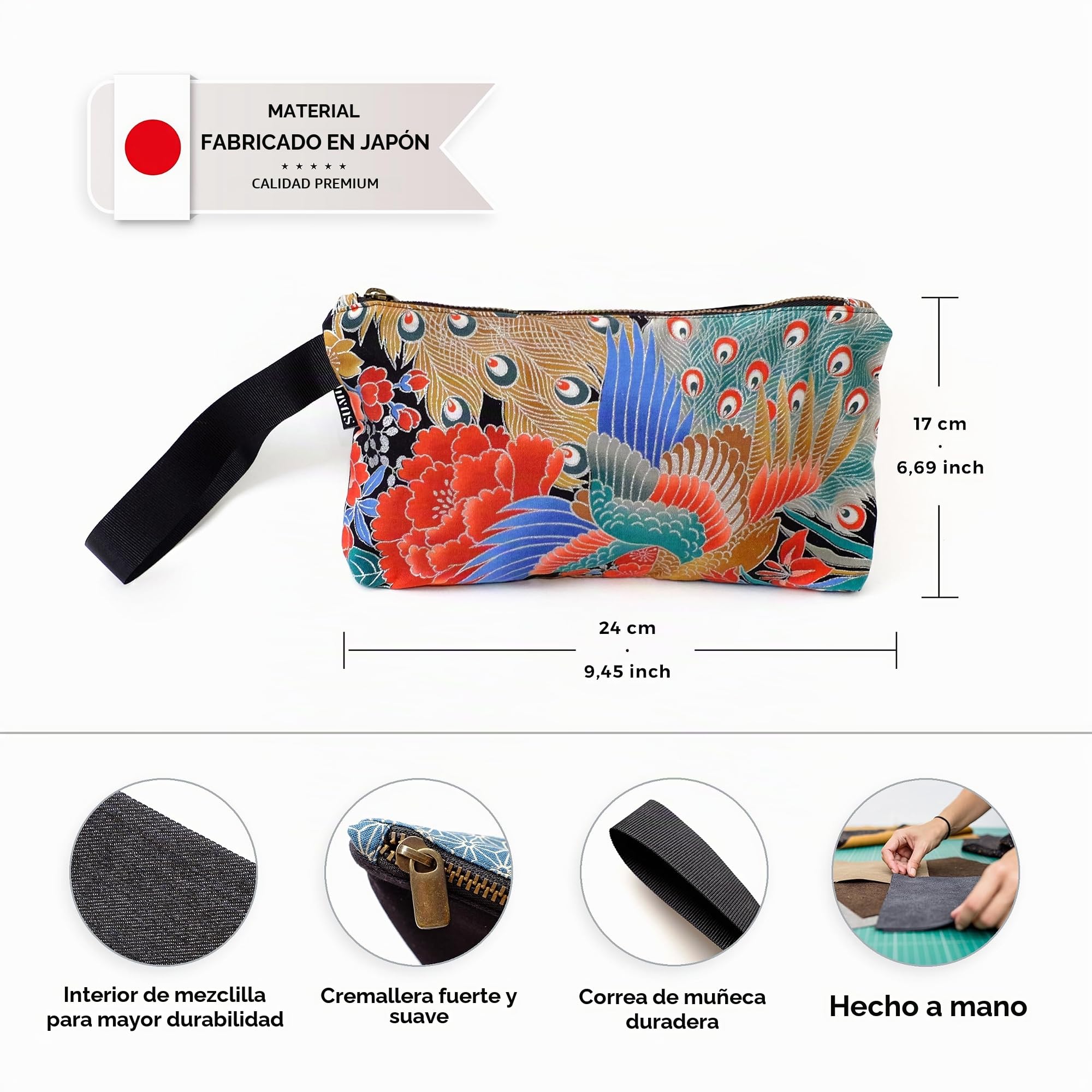 SUMI Bolso de Mano Estilo Japonés, Bolsito Versátil de Mujer, 24 x 17 cm, Cremallera, Estampado tradicional Japonés
