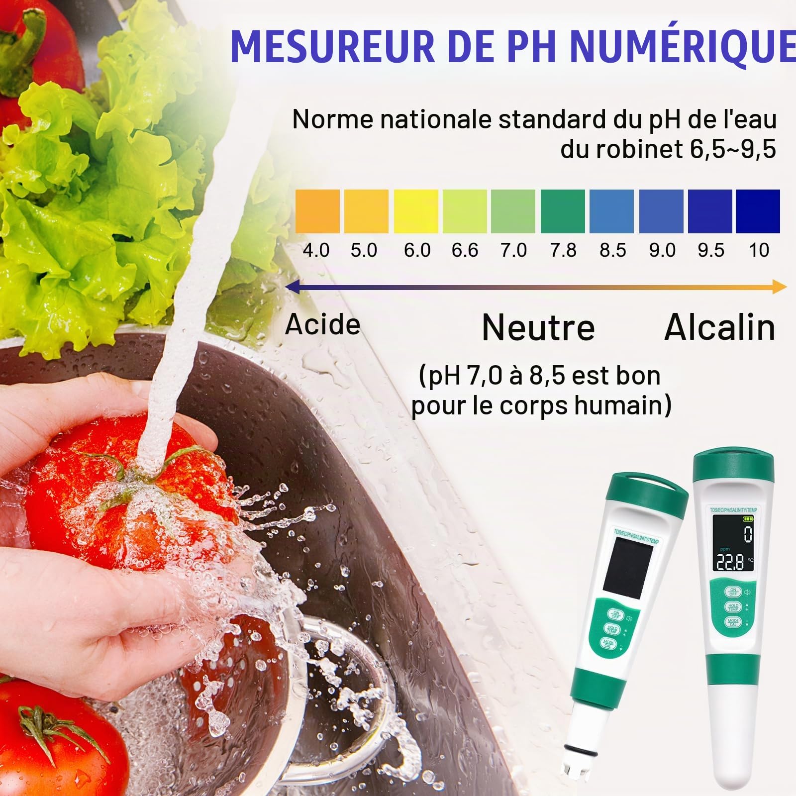 OBEST Testeur de Qualité de l'eau, pH/TDS/EC/Sel/Temp Testeur eau 5 en 1