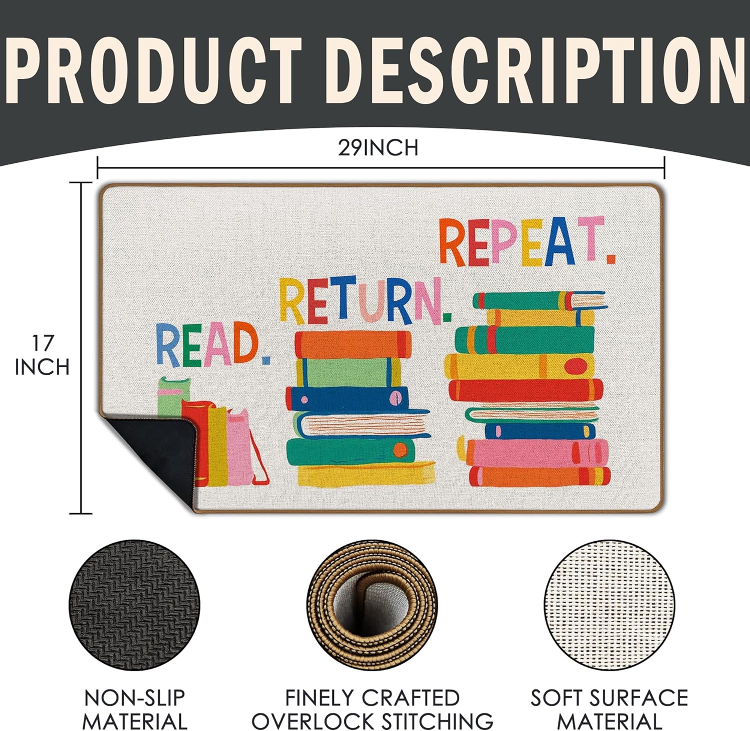 Classroom Library Door Mat, Reading Corner Decor，Boho Classroom Welcome Mat Front Doormats Indoor Outside Entrance for Nursery Kids Room, Read Return Repeat Kids Playroom Home Decor 17X29 Inch