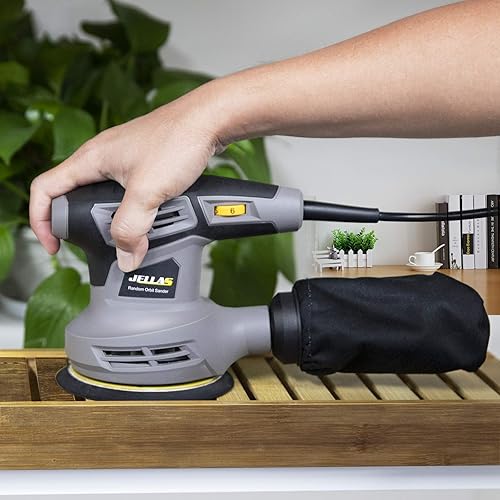Miniatura 7 de Jellas Lijadora orbital aleatoria de 5 pulgadas con 18 papeles de lija, máquina lijadora de 6 velocidades variables de 13000 RPM, sistema de