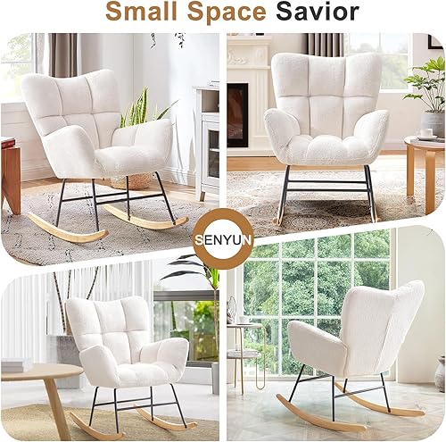 Miniatura 7 de SENYUN Mecedora para guardería, mecedora tapizada de peluche con respaldo alto, mecedora para bebé suave y segura con patas de madera maciza, silla