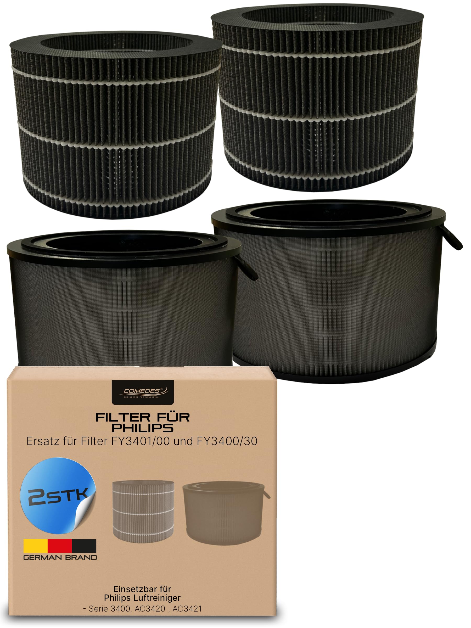 Comedes 4er Filter-Set für Philips Luftreiniger [AC3420, AC3421 & Serie 3400] - 2 HEPA Filter & 2 Aktivkohle Filter - Ersatz für [FY3401/00 & FY3400/30]