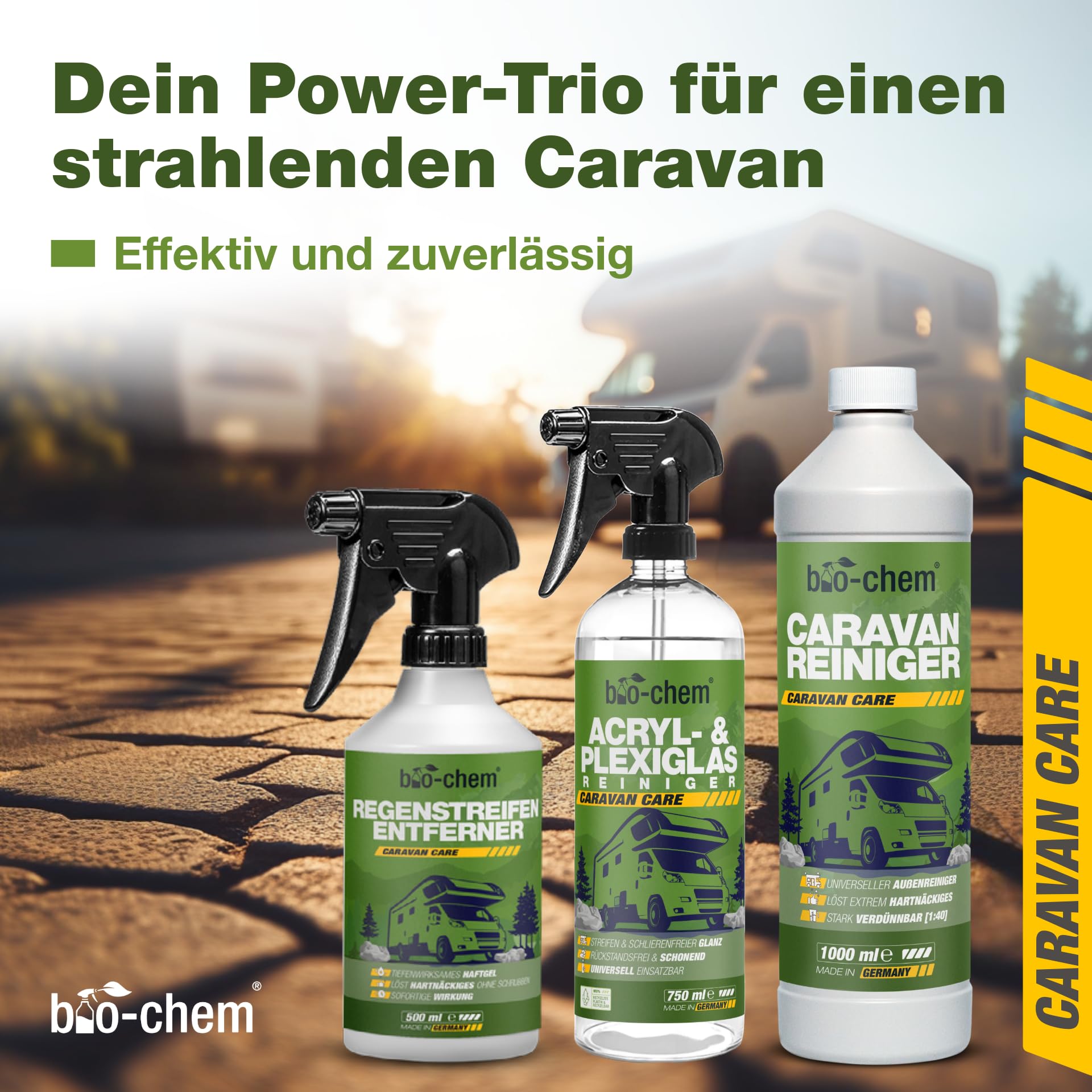 bio-chem Caravan Reiniger Set 3-teilig für Wohnmobil | Wohnwagen Außenreiniger, Regenstreifen-Entferner und Acrylglas Reiniger | Außenreinigung Wohnwagen