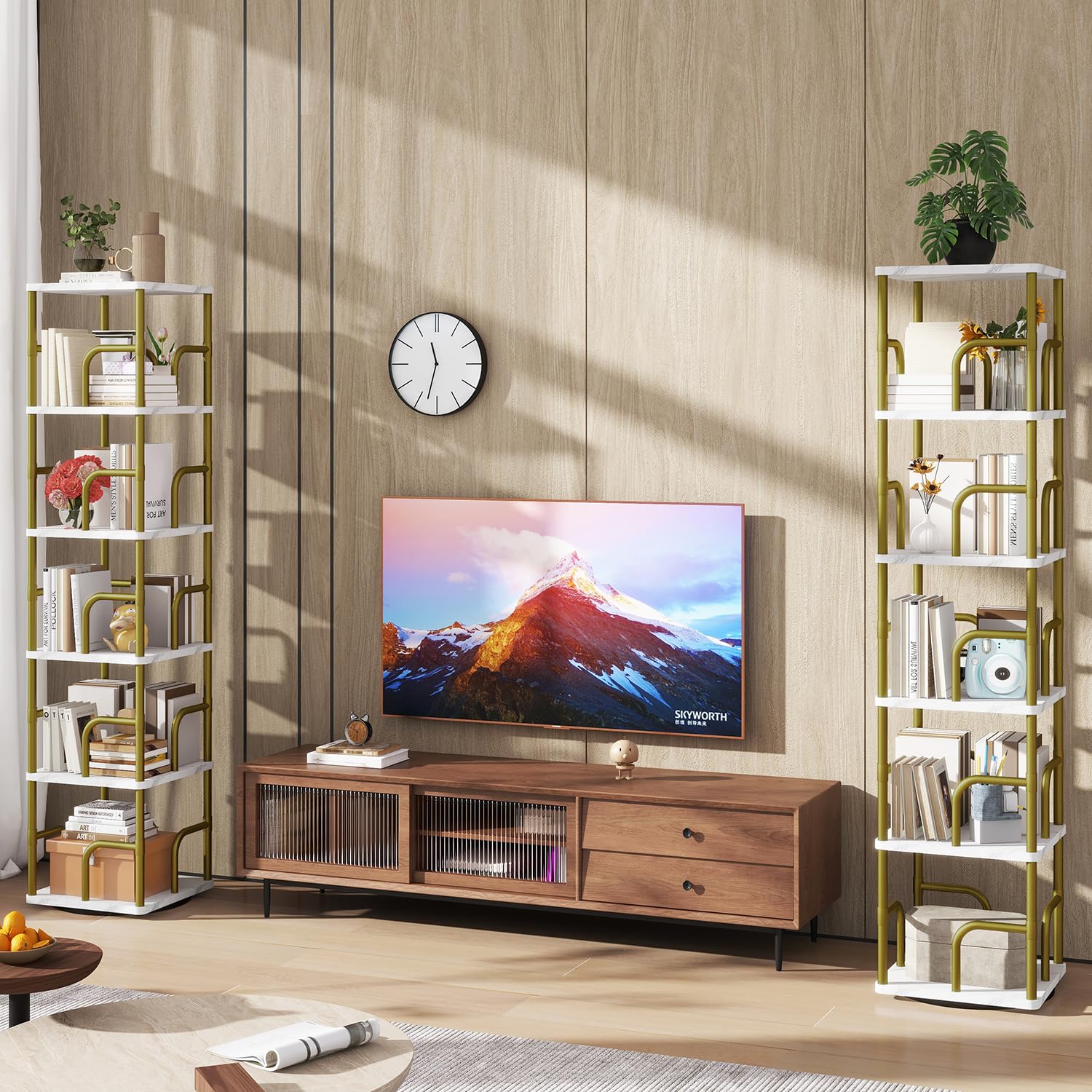 IBUYKE Librerias Girevole a 5 Ripiani,Libreria Verticale,Girevole a 360° con Display,Libreria da Pavimento,Scaffale in Piedi Multifunzionale per Camera da Letto, Soggiorno,Bianco,TBC005GW
