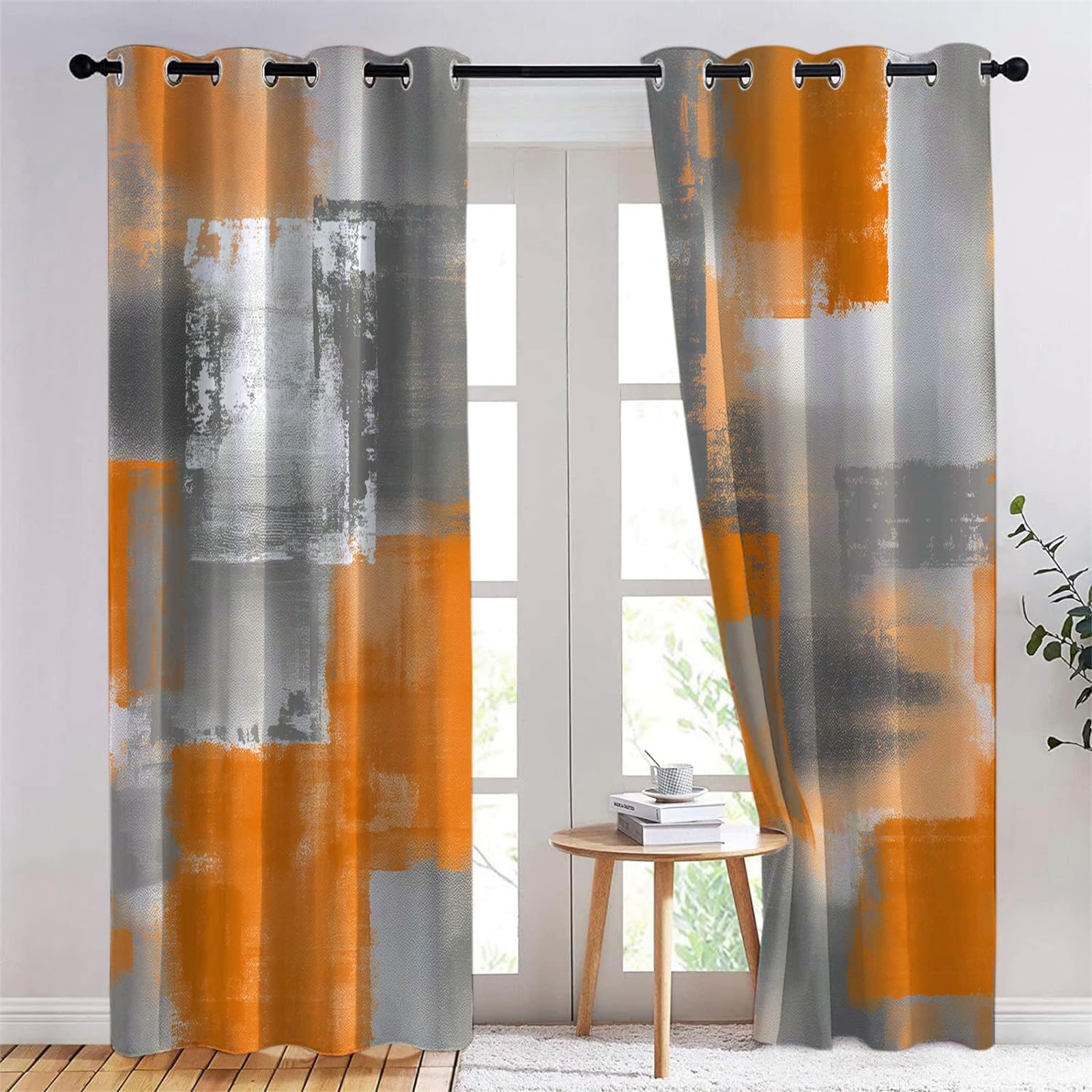 Verdunklungsvorhänge Gardinen mit Ösen Blickdichte Vorhänge Lärmschutzvorhang für Kinderzimmer Thermo Gardinen mit Farbblock Grau Orange Malerei Muster, 230 x 117 cm (HxB), Abstraktes Design 2er Set
