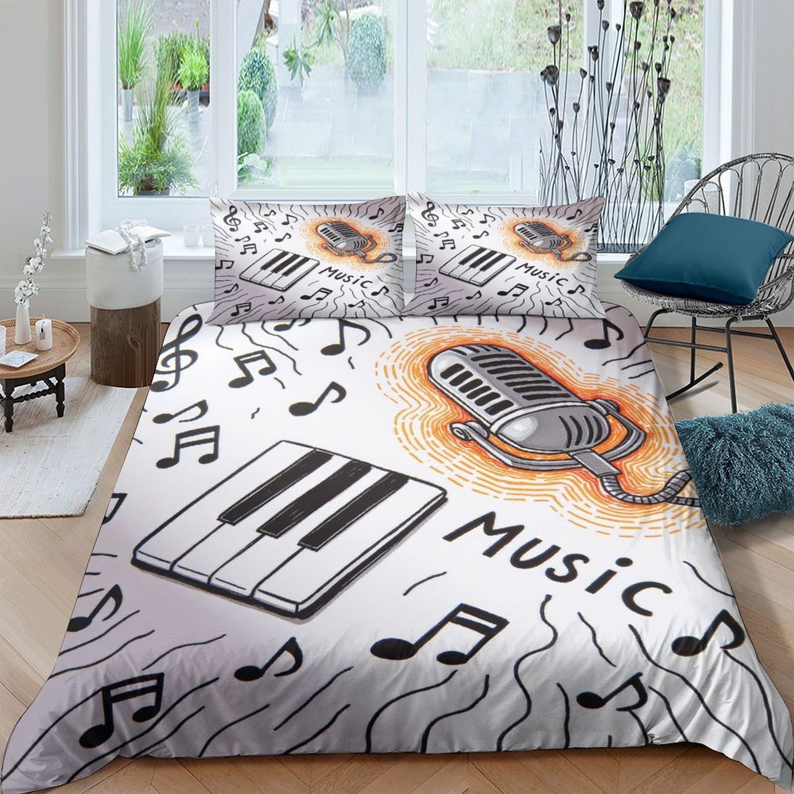 Ctjqhvkz Style-3 3D Printed Music Microphone Fitted Sheet Microfiber Soft Breathable Piano Notes Bed Cover For Bedroom Dorm Decor Single（135X200cm）
