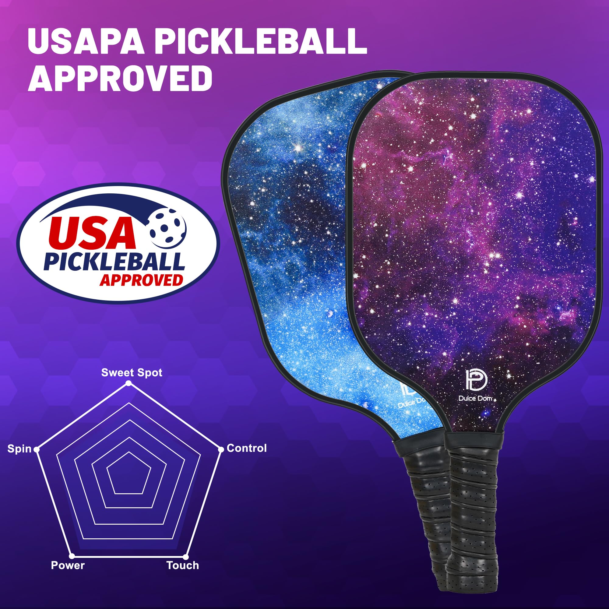 DULCE DOM Set di 2/4 racchette da pickleball in fibra di vetro approvate USAPA, con racchette da pickleball, 4 palline da pickleball e borsa da pickleball, racchette da pickleball, regali per