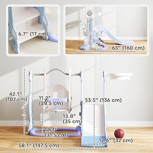 Miniatura 7 de Qaba Juego de tobogán y columpio 4 en 1 para niños de 1.5 a 4 años, juego para niños pequeños con escalador, aro de baloncesto, temática de cohete,