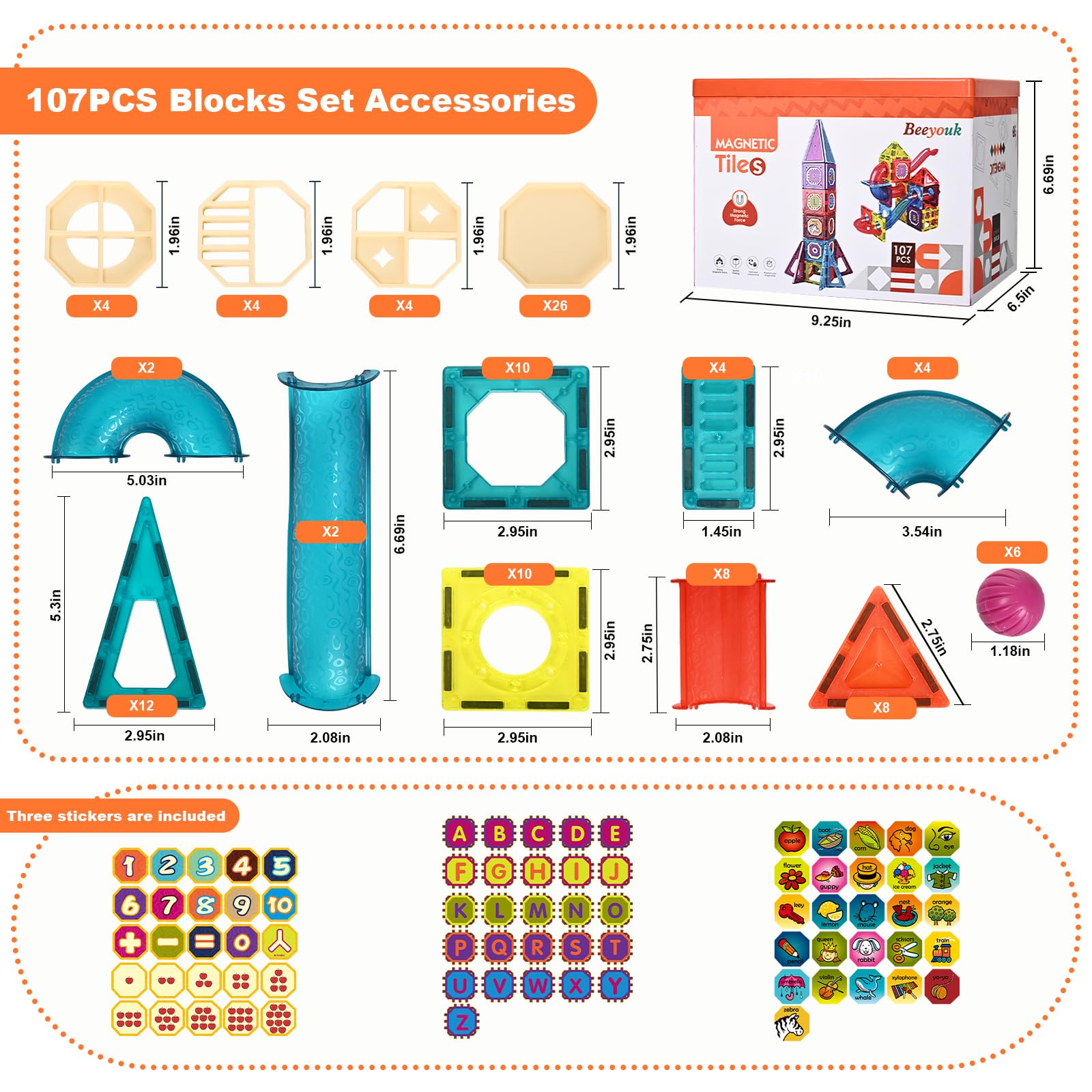 Beeyouk Giocattoli di Costruzioni Magnetiche, 107 Pezzi Set Magneti Bambini,Regalo di Giochi Montessori 3D Tubi Calamite per Bambini di 3+ Anni, Giocattoli Educativi per Bambini di 3 4 5 6 7 8 9 10