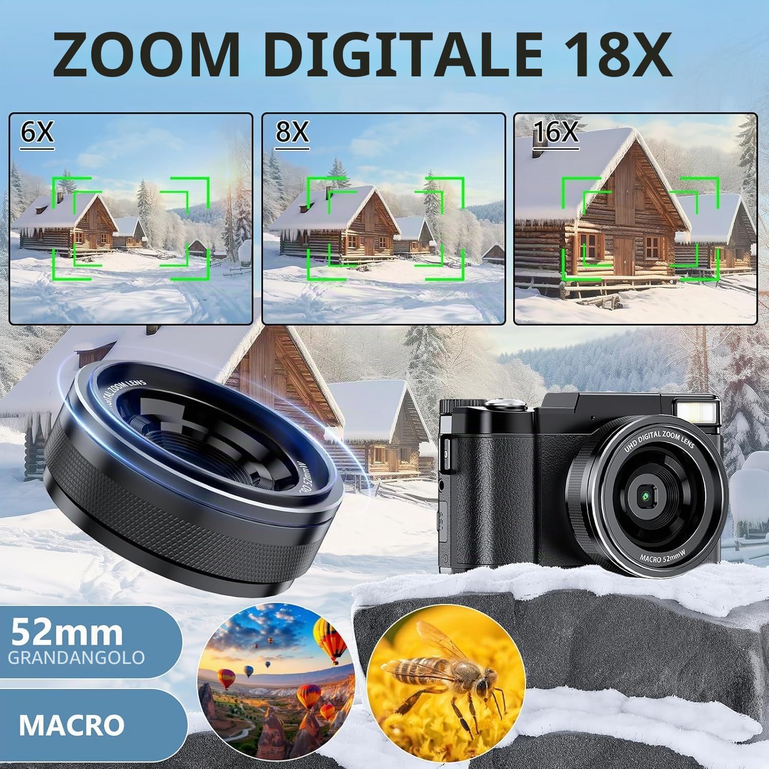 Macchina Fotografica 5K 64MP Zoom Digitale 18X Autofocus Fotocamera Digitale, Schermo IPS 3" Rotante a 180°, Fotocamera per Vlogging con Scheda di Memoria da 32GB,per Principianti